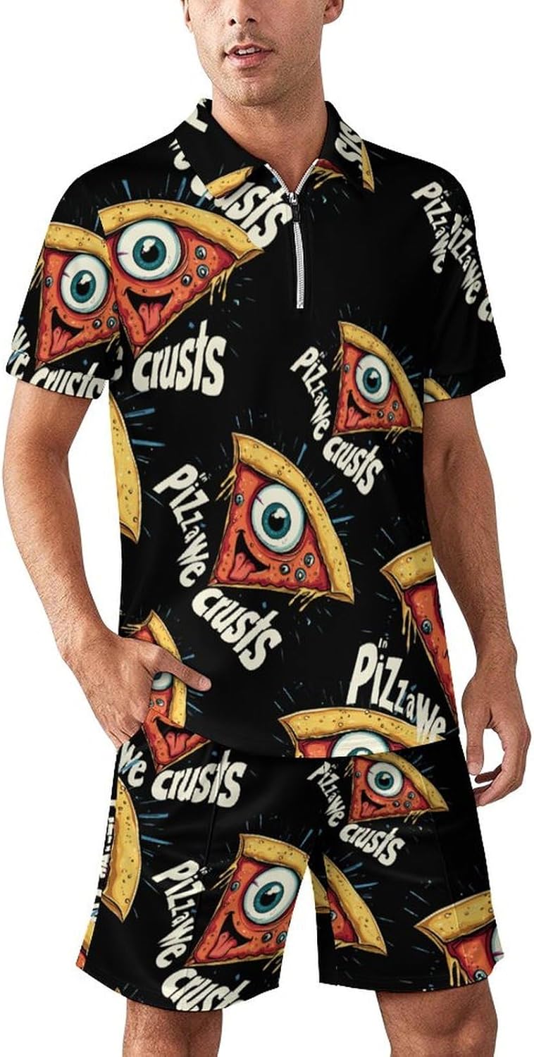 In Pizza We Crust Mens Polo Shirts Track Suits 2 Piece Short Sleeve Sweatsuit 1/4 Zip Golf Loungewear for Sports