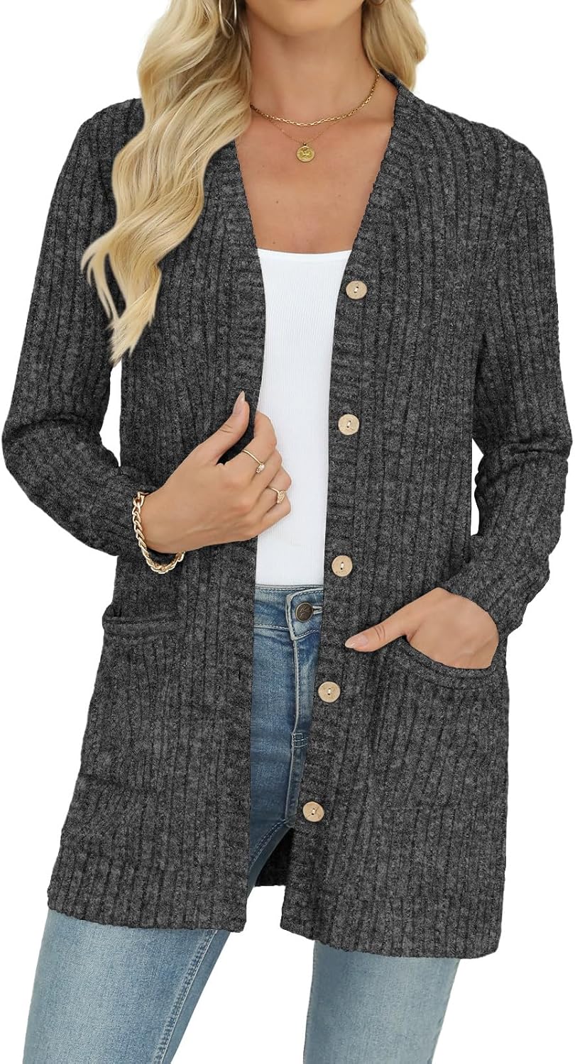 Women's Long Sleeve Cardigan Lightweight Button Down Open Front Casual Cardigans with Pockets - Image 2