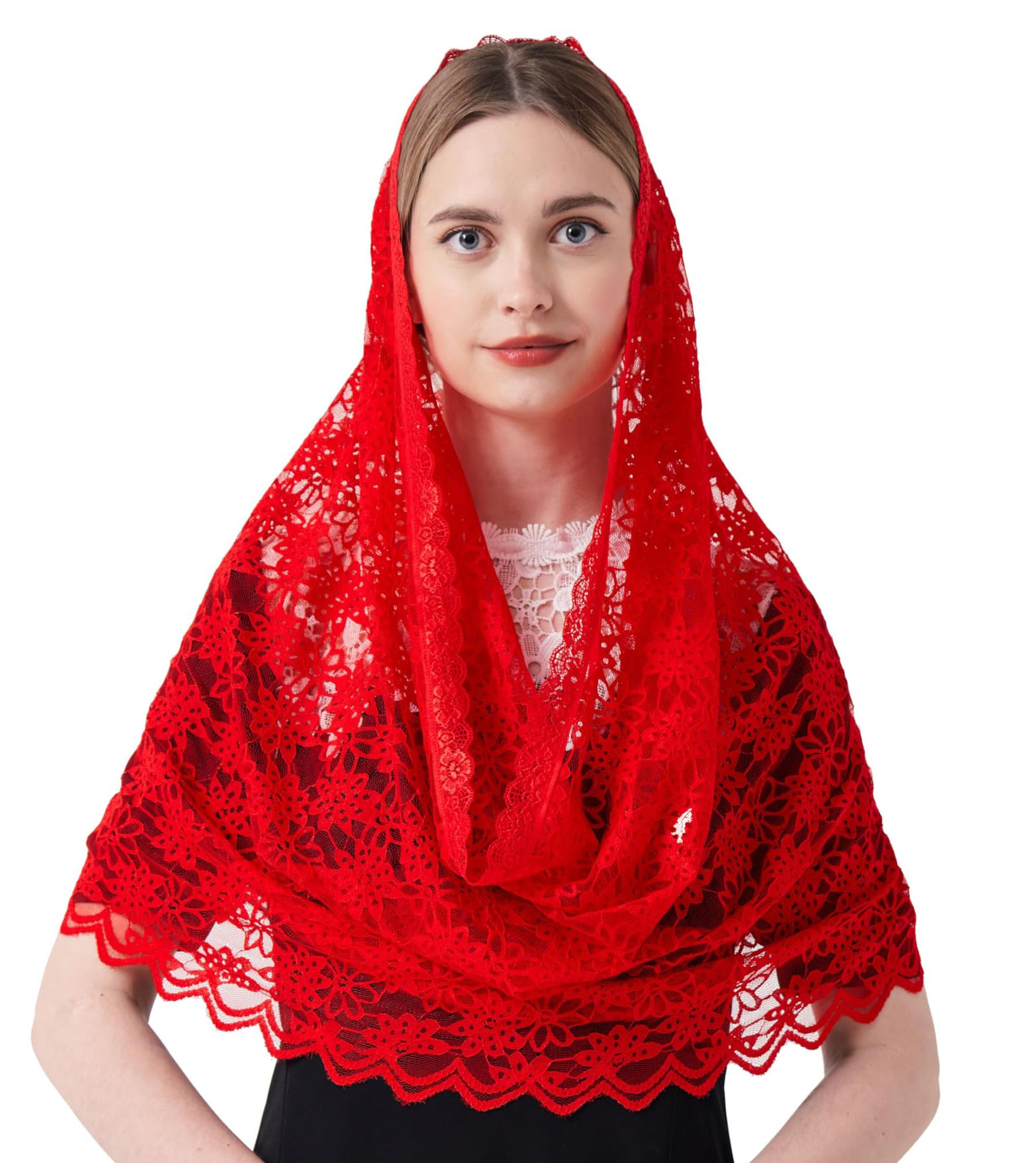 Yurongsxt Women's Red Mantilla Infinity Veils Catholic Church Head Covering Floral Lace Cathedral Chapel Veil M27, 118Cm*60Cm