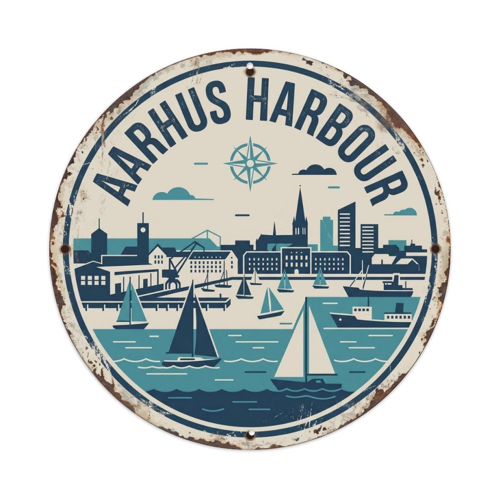 Vintage Travel Aarhus Denmark Harbour Metal Tin Sign Plaque Wall Decor for Cafe, Club Bar, Office, Home Garden Round Metal Poster 8x8Inch