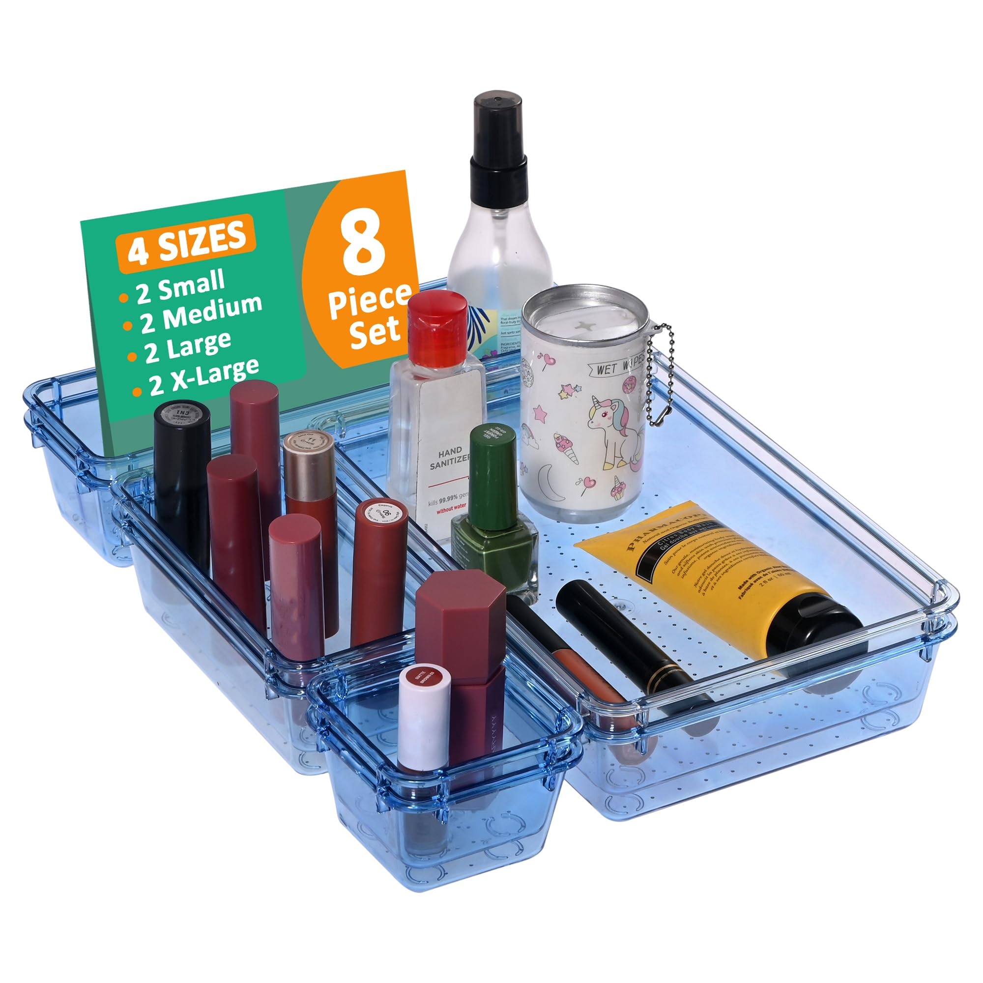Kuber Industries Lot de 8 plateaux de rangement en acrylique transparent pour produits cosmétiques | Organiseurs de tiroirs pour cuisine, bureau et salle de bain, maquillage | Plateau de séparation de