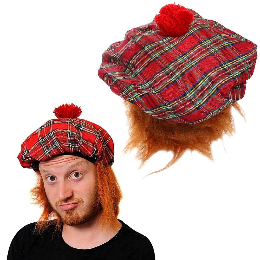 Adults Tam O Shanter Ht - Red Scottish Tartan Hat with Attached Ginger Hair - Mens Womens Scotland Burns Night St Andrews Day Fancy Dress Costume Accessory