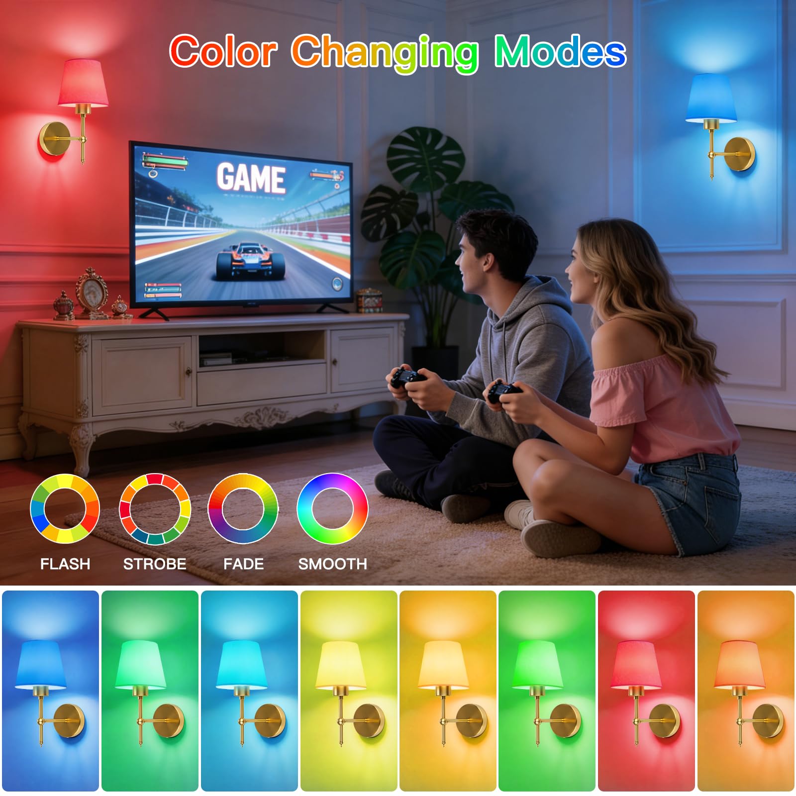 Applique da Parete Ricaricabili LED con Batteria, Oro Lampade da Parete per Camera da Letto, Applique da Parete Interno con a Distanza, 3 Colori Luminosità con 12 Colori RGB per Soggiorno Scale