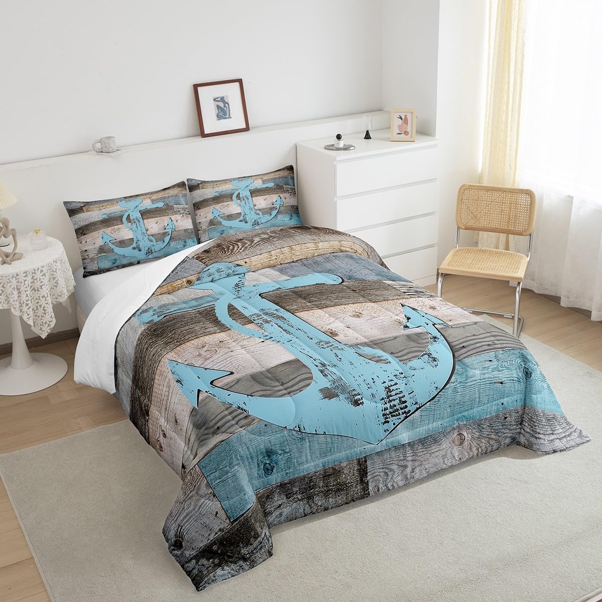 Anchor Nautical Comforter Set Twin,Vintage Plank Blue Brown Bedding Set 2pcs for Kids Teens Adults Room Decor,Camping Adventure Quilt Set,Rustic Farmhouse Duvet Insert with 1 Pillowcase