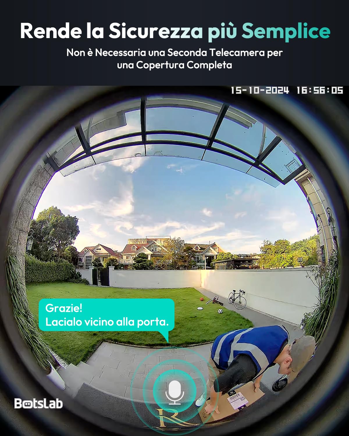 BOTSLAB Videocitofono, 5MP Telecamera WiFi Esterno Senza Fili 180°, Burata Della Batteria di 150 Giorni, Nessun Canone Mensile, Rilevamento umano, Sirena, Audio Bidirezionale, 2,4GHz