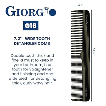 Giorgio G16 Fine Tooth and Wide Tooth Detangler Comb - Hair Comb for Men and for Women - Ideal as a Hair Styling Barber Comb and Detangler - Saw Cut and Handmade (Black Graphite)