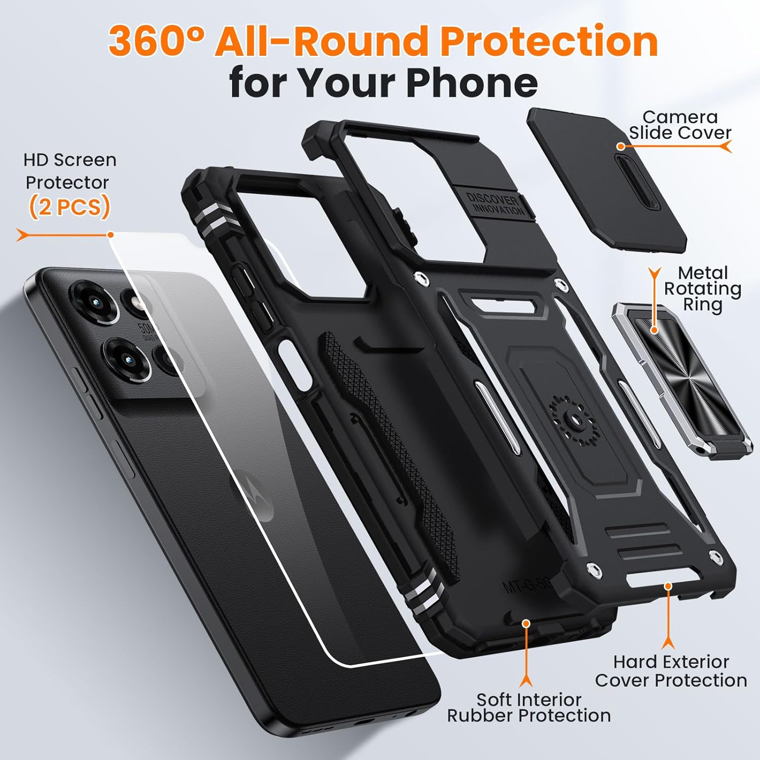 for Moto G 2025 Case with 2 PCS HD Screen Protector, Slide Camera Cover Military Grade Drop Protection 360° Ring Holder Kickstand, Heavy Duty Shockproof Full Body for Motorola Moto G 2025 Case, Black - Image 9