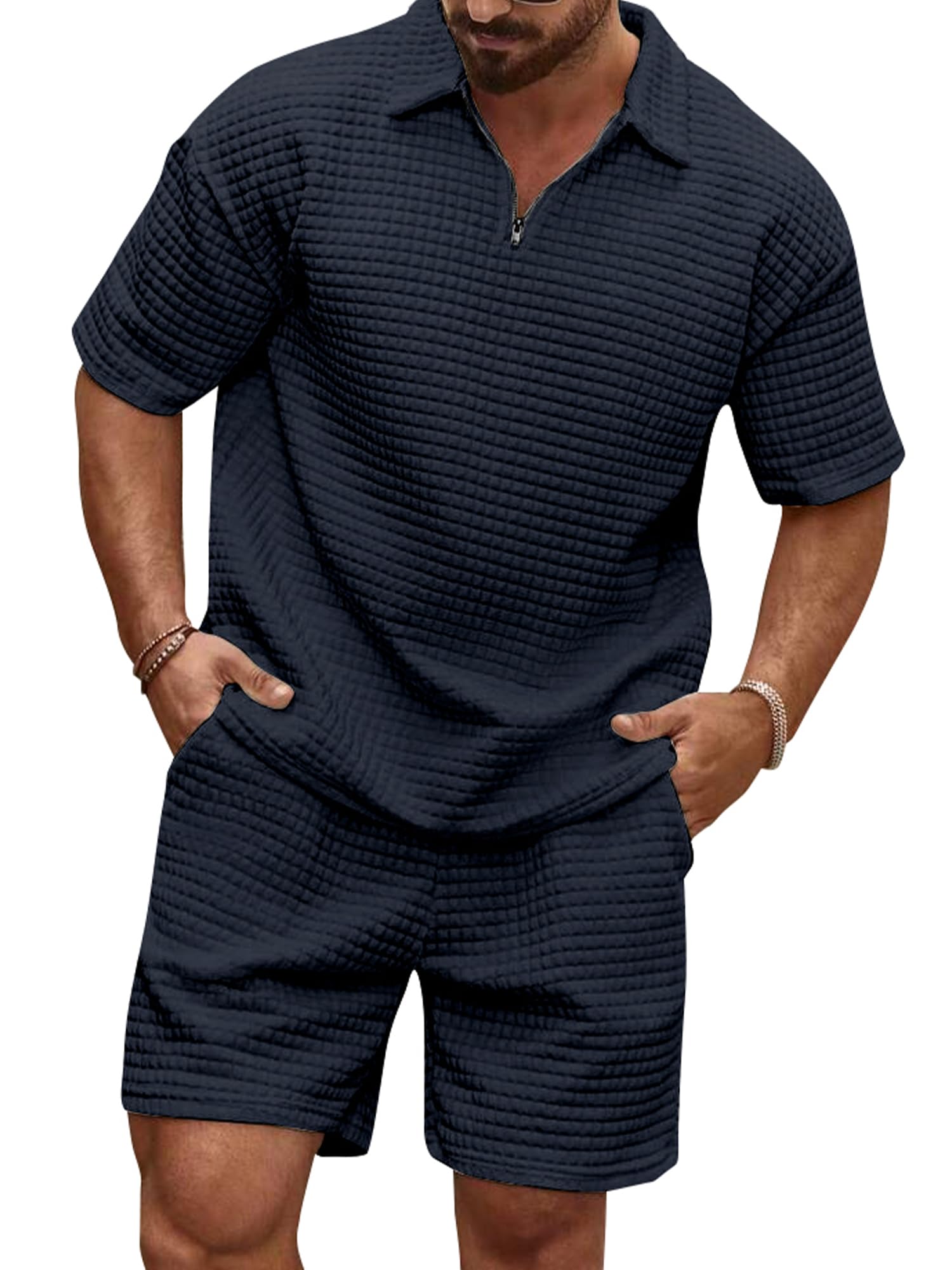 JMIERR Herren 2 Pcs Waffel Polosuit Outfits Halb Zip Polo Shirt und Short Texturiert Sommer Set S-3XL