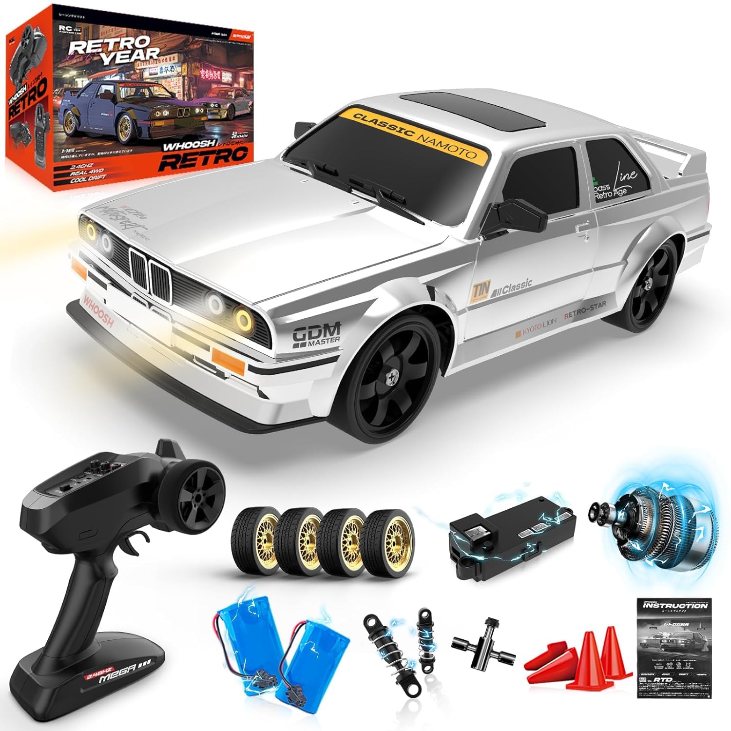 Cojuz 1/16 Fast RC Drift Car for Adults | 50KM/H High Speed 4WD with ESP Gyro, LED Light, Two Rechargeable Batteries | Full Proportional RTR Racing Gift for Boys Girls