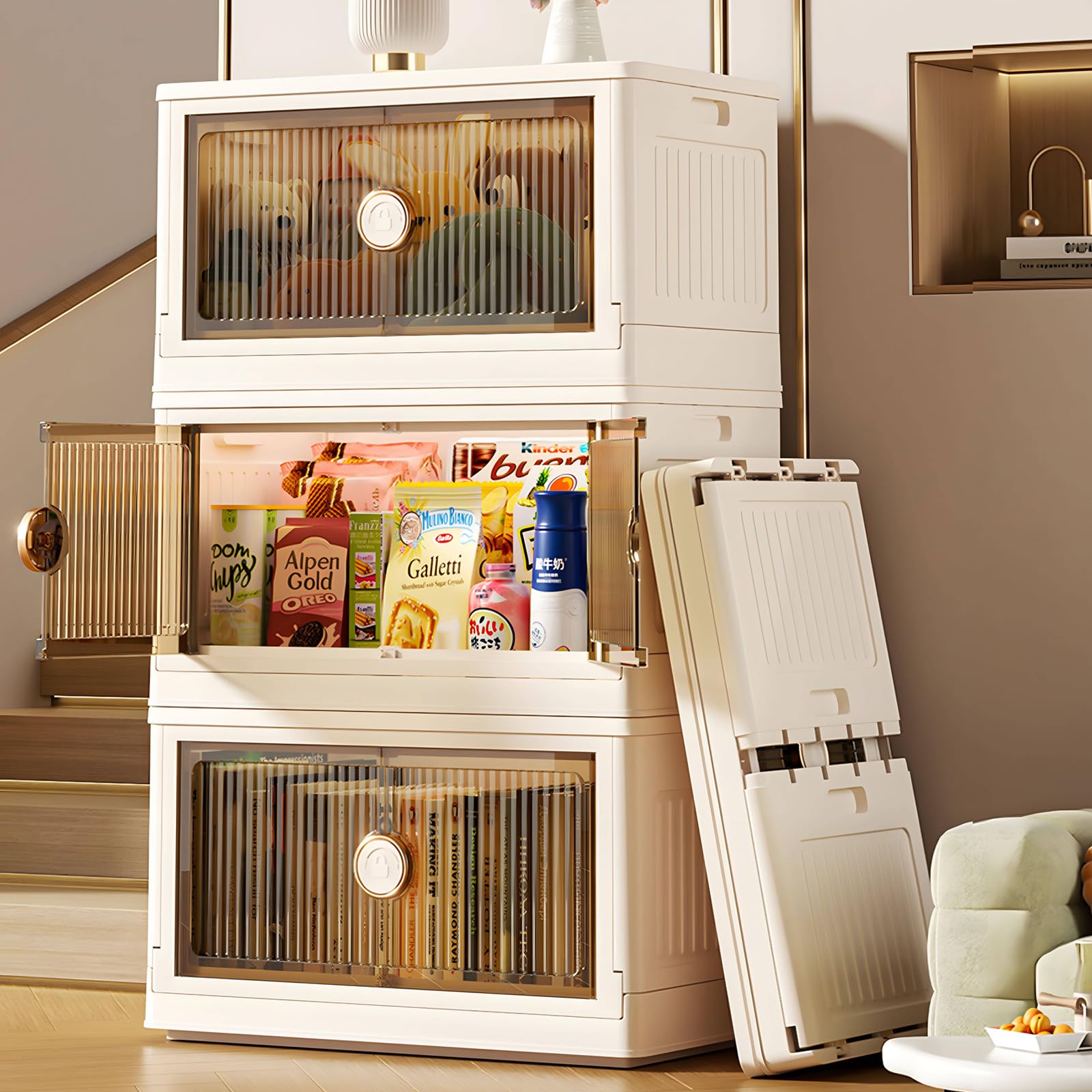 Fangtueh 78Gal Collapsible Storage Bins with Lids and Wheels, Stackable Closet Organizers and Storage, Plastic Folding Storage Box with Doors, Home Car Trunk College Dorm Room Essentials