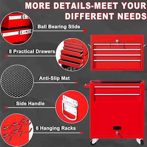 Miniatura 6 de Cofre de herramientas con ruedas de 8 cajones con caja de herramientas superior desmontable, gabinete de herramientas de metal con cerradura y