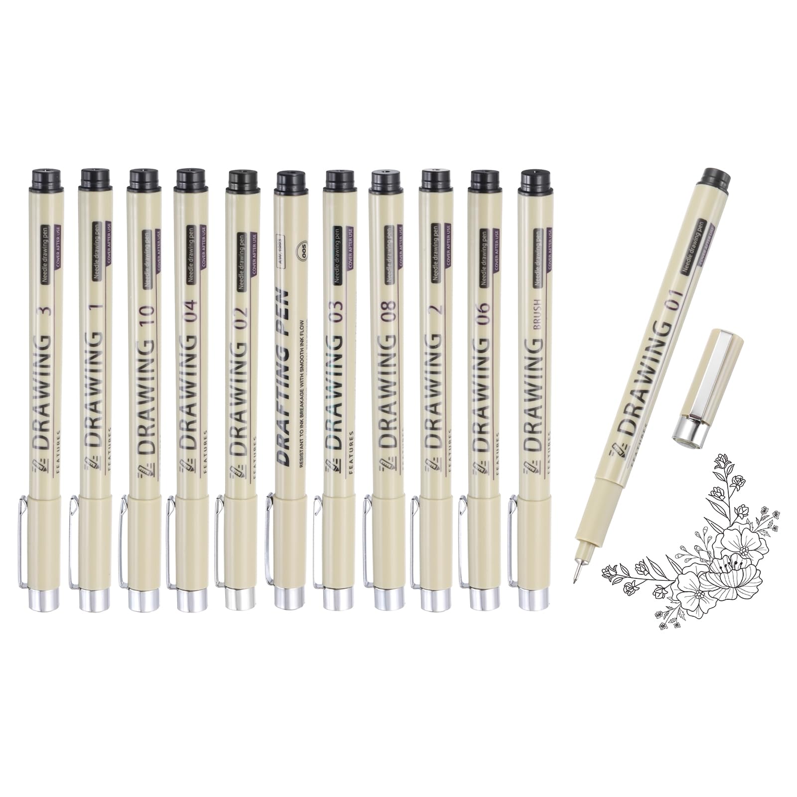 sourcing map 12Pcs Fineliner Ink Pens, 0.2/0.25/0.3/0.35/0.4/0.5/0.6/0.9/1.0/2.0/3.0/1.0mmBlack Micro Pens with Waterproof Archival Ink for Watercolor Sketching Cartoon Technical Drawing