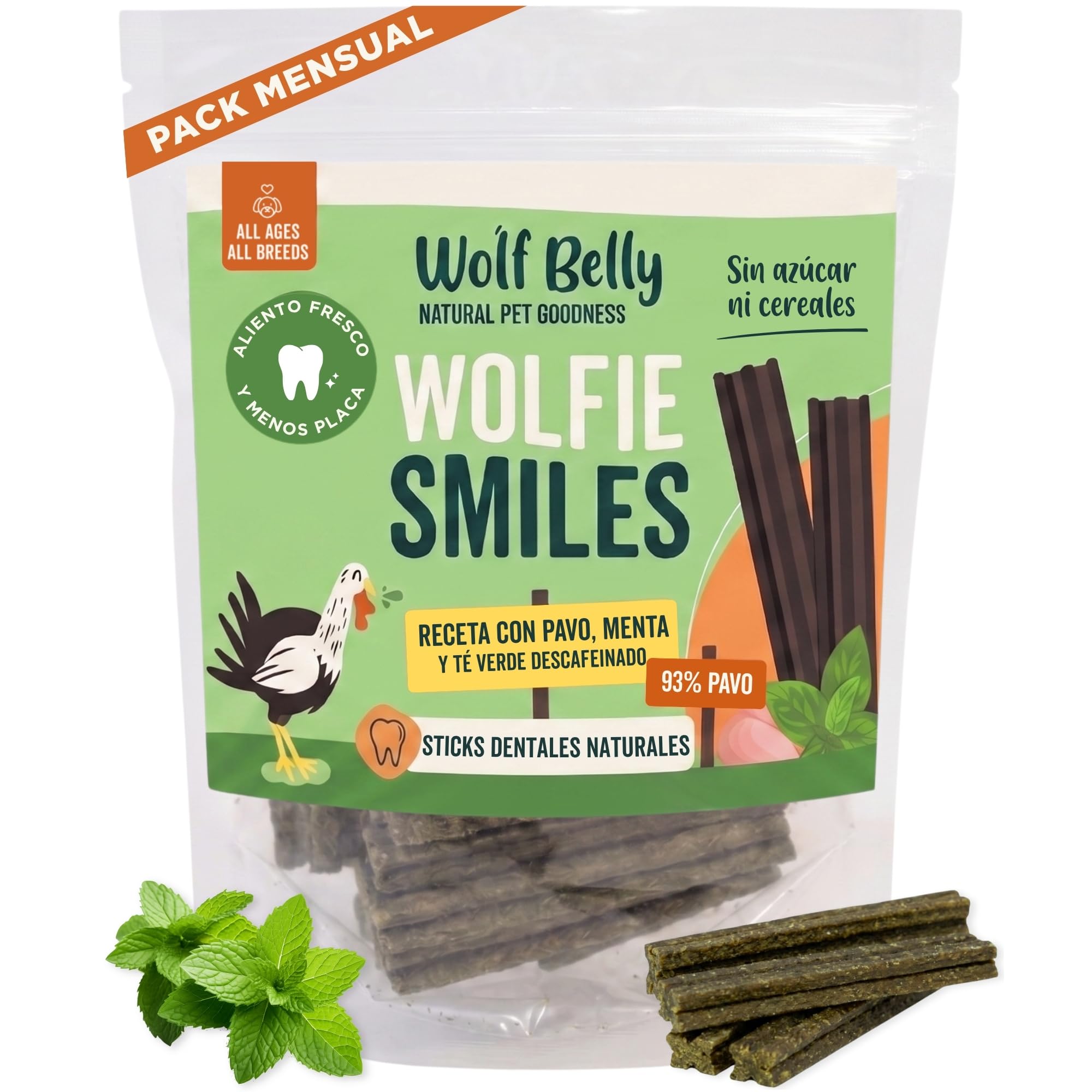 Wolf Belly - Stick Dental Perro Natural (28 uds) 93% Pavo y Menta sin Cereales | Higiene Dental & Aliento Fresco | Textura Resistente | Delicioso Sabor Carne | Rico en Proteínas - Producido en Europa