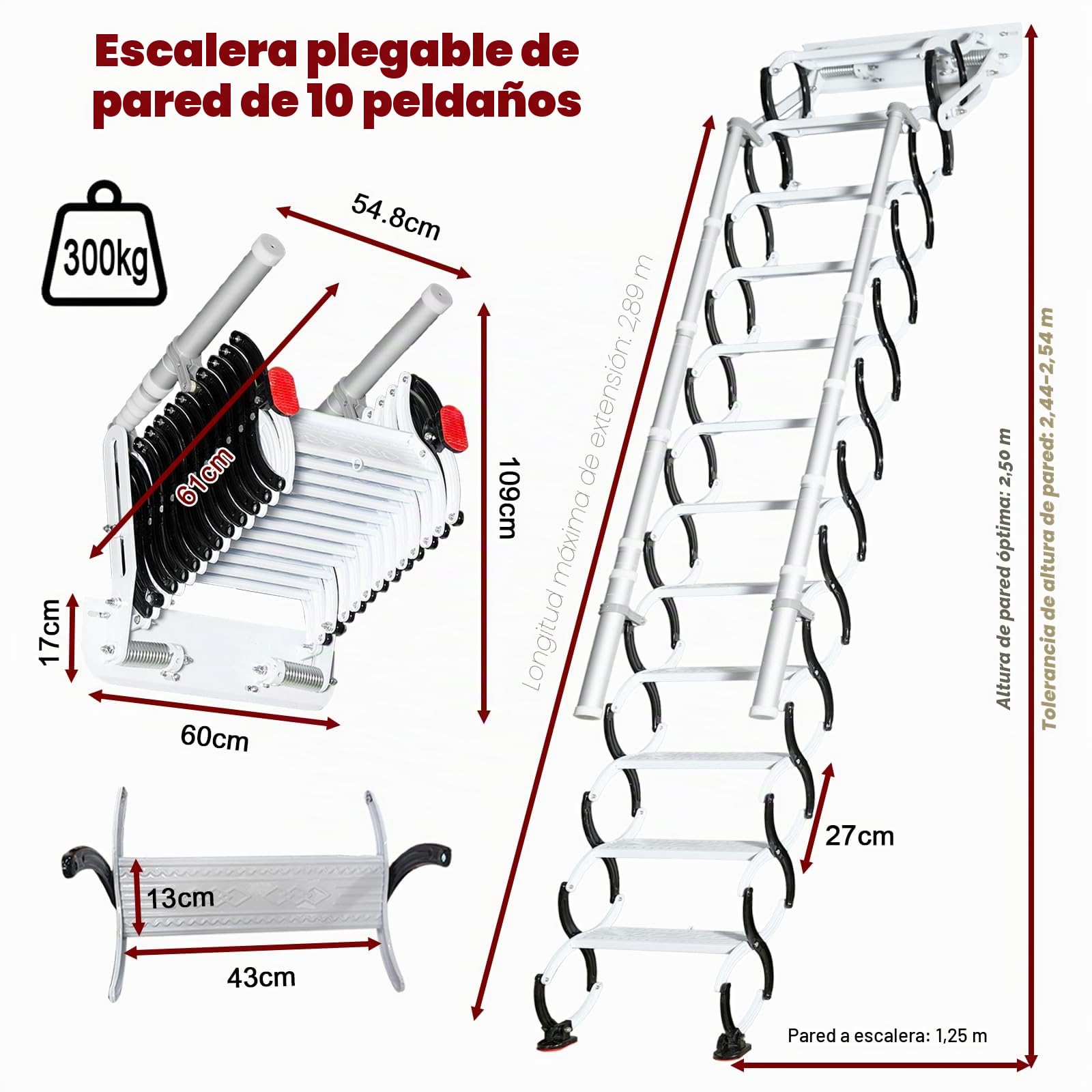 2.5m Escalera de ático de Pared, Escalera Mural retráctil con 2 pasamanos, Escalera retráctil de ático de 10 escalones, Plegable y abatible, para Interiores, almacenes, sótanos y garajes (2.45-2.55m)