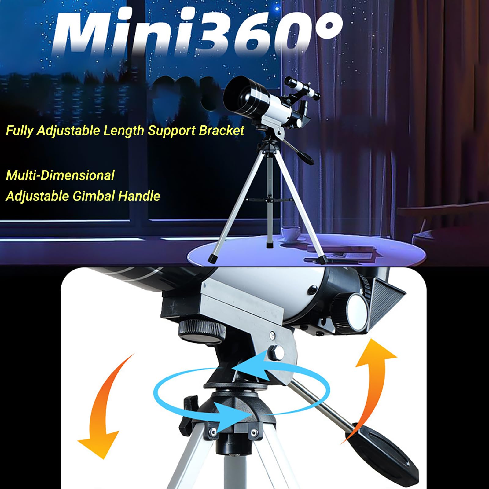 Telescopio Astronómico para Niños Adultos, 70mm Apertura 300mm Telescopio Refractor Portable, 15-150X, Alta Transmisión, con Trípode Ajustable y Soporte para Teléfono para Astronomía Principiantes