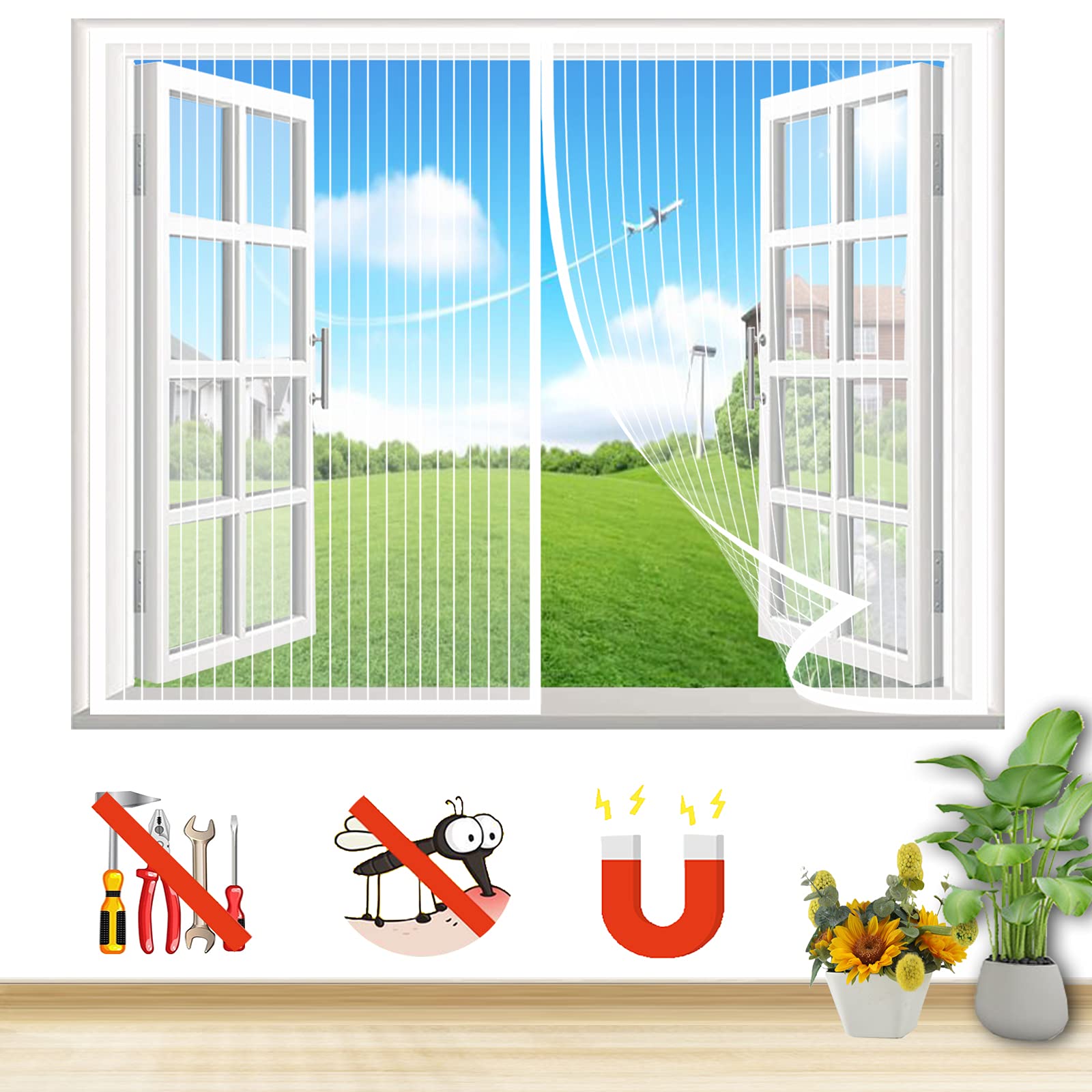 Lrhrhr White-A Magnetic Fly Screen Window, Heavy Duty Mesh Fly Curtain Close Automatically, For Anti Mosquito Magnetic Soft Door, Install Without Drilling-|| 45X45in(115X115cm)