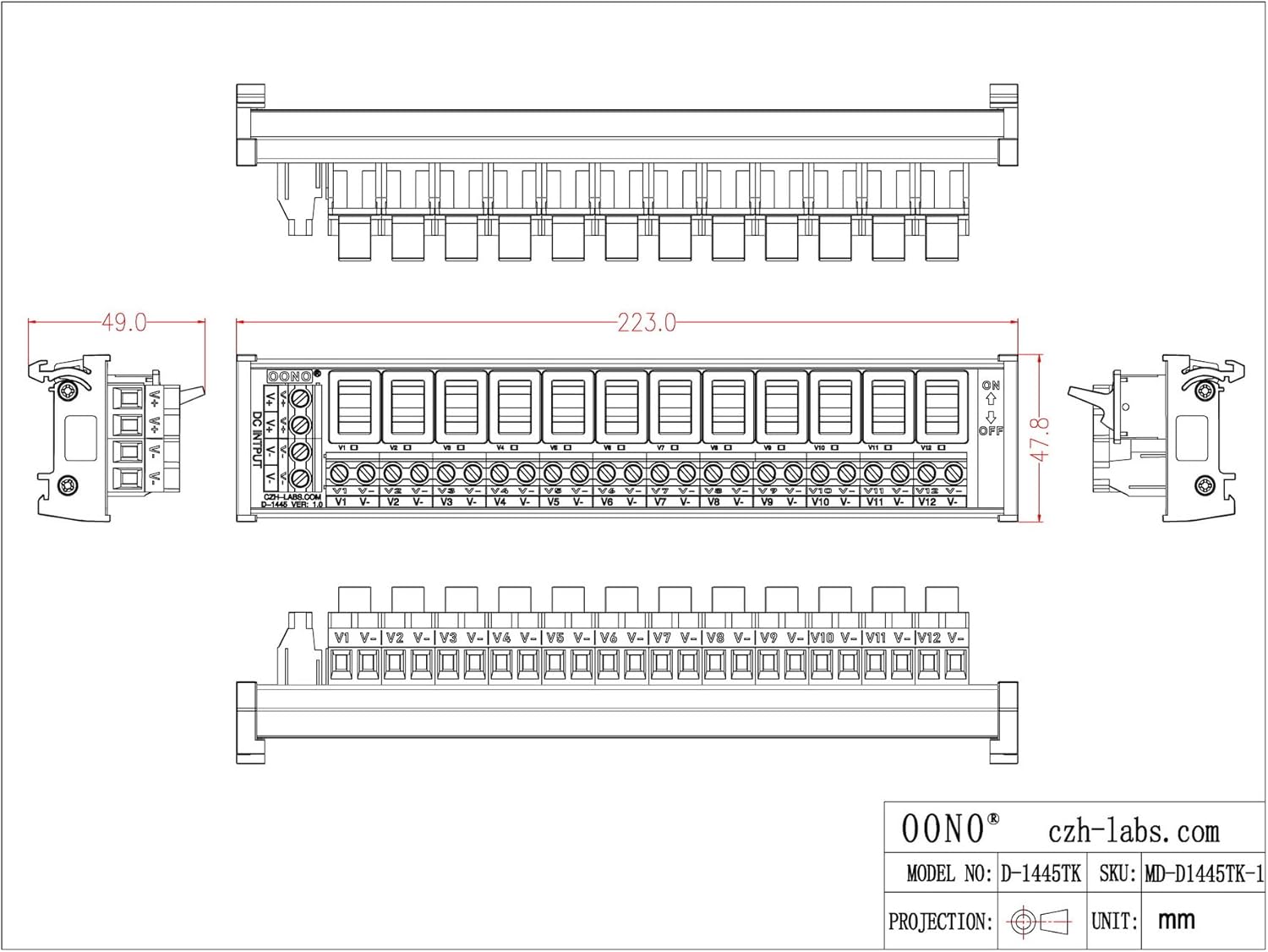 DIN Rail Mount 12 Channel Paddle Switch DC Power Distribution Strip Module