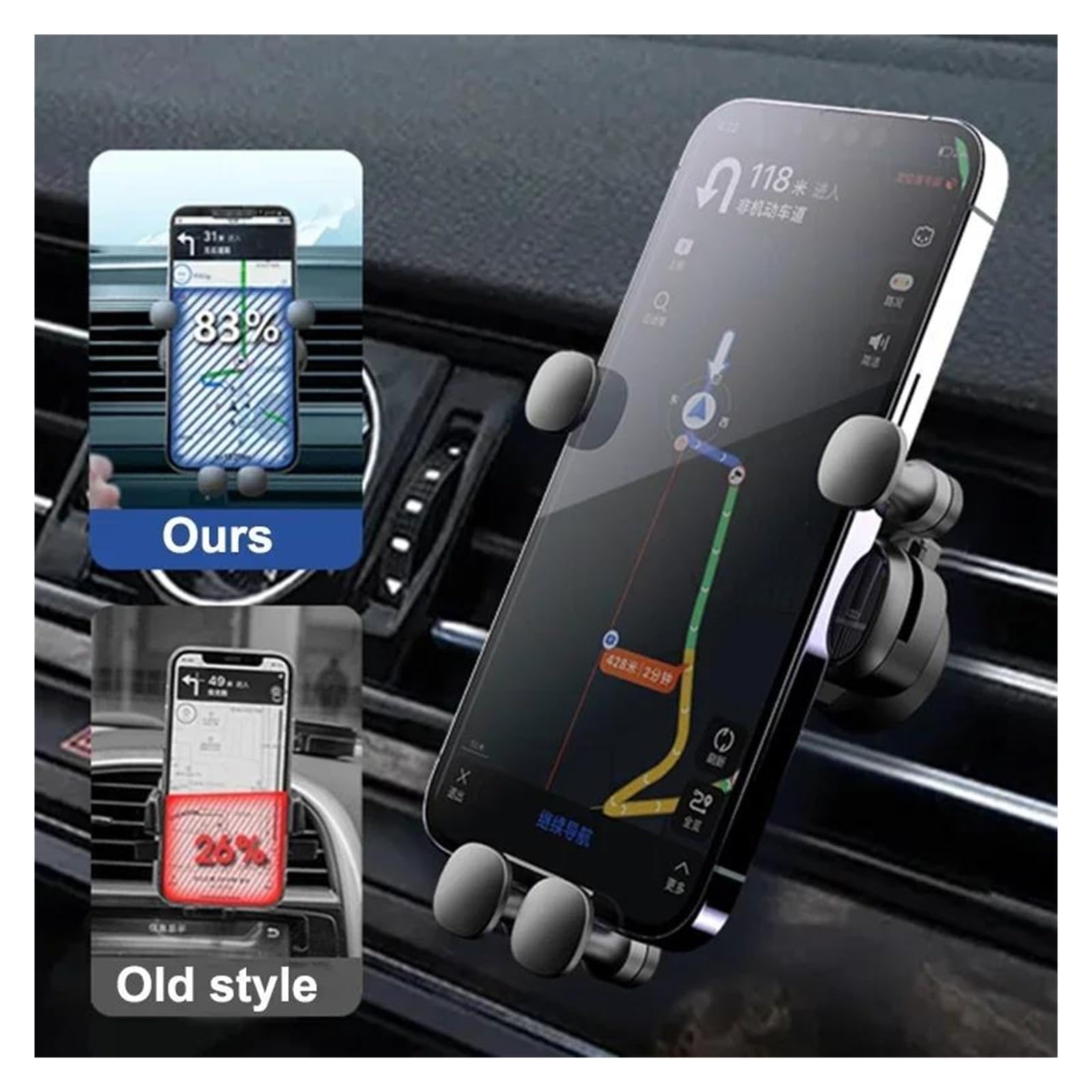 Porta Cellulare Auto Supporto universale antiurto per GPS con clip per bocchetta dell'aria per telefono cellulare da 4,7-7 pollici(Black)