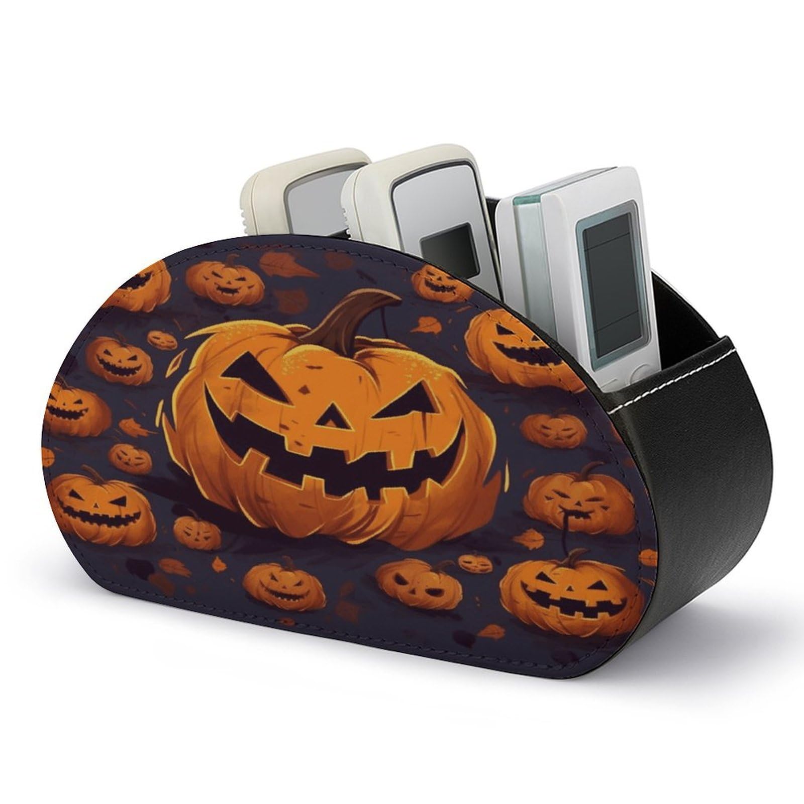 JTREHY Halloween Pumpkin Remote Control Holder 5 Compartments Remote Caddy Tray PU Leather TV Remoter Storage Box Bedside Table Storage Organizer Office Desk Storage Case
