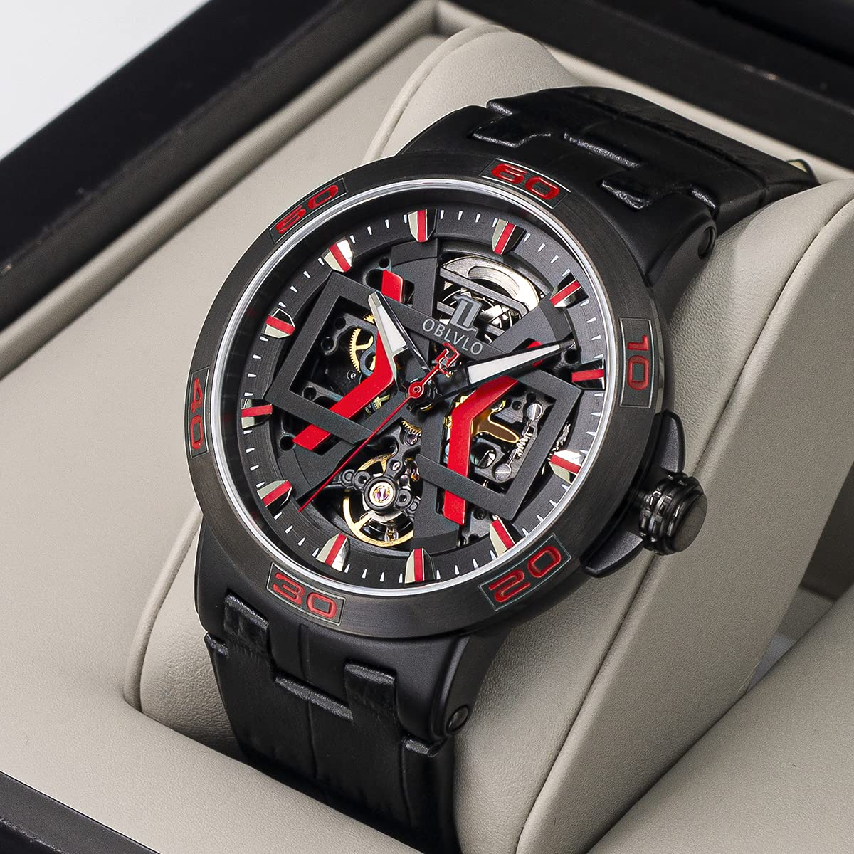 OBLVLO Stahl Automatikuhren mit Skeleton Zifferblatt Lederband Big Watch UM