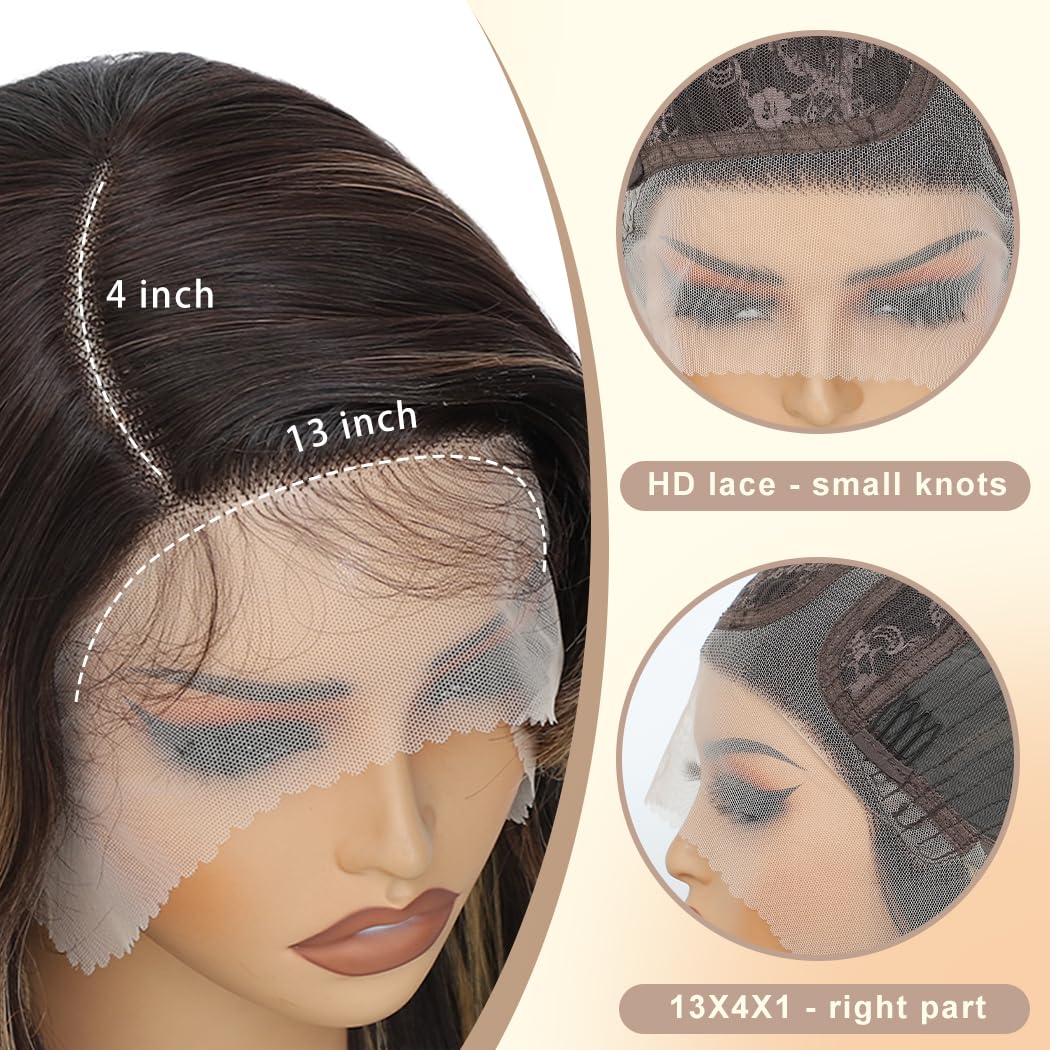 Highlight Synthetic Lace Front Wig, Brown Blonde Highlights Wig Pre-Plucked HD Glueless 13X4X1 Long Wavy Lace Front Wig For Black Women 26inch Suitable For Everyday Wear