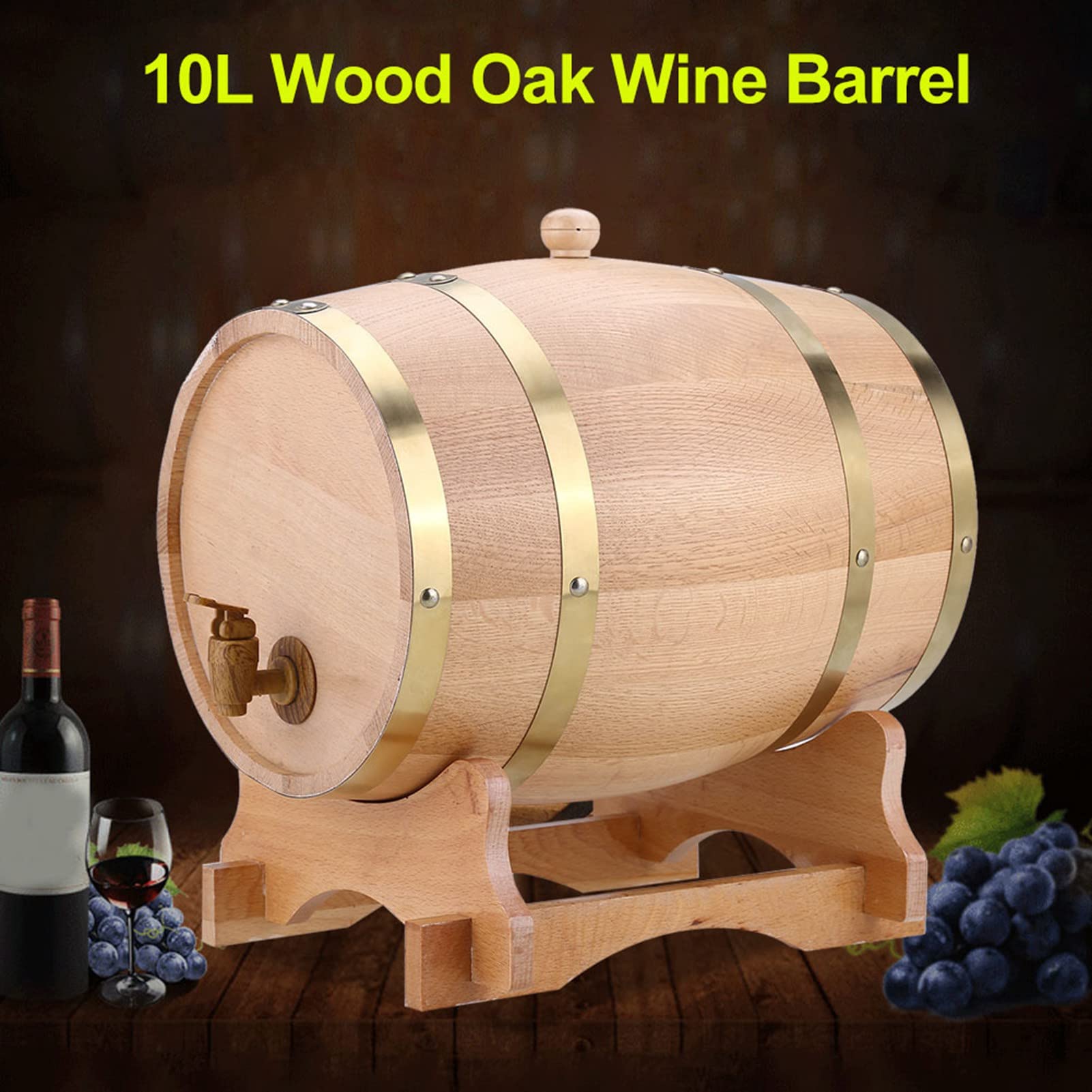 Dispenser per Botte di Whisky in Legno da 10 Litri, Botti D'acqua per Botte di Vino in Rovere a Tenuta Stagna con Supporto in Legno per Birra, Aceto di Vino, Tequila, Whisky