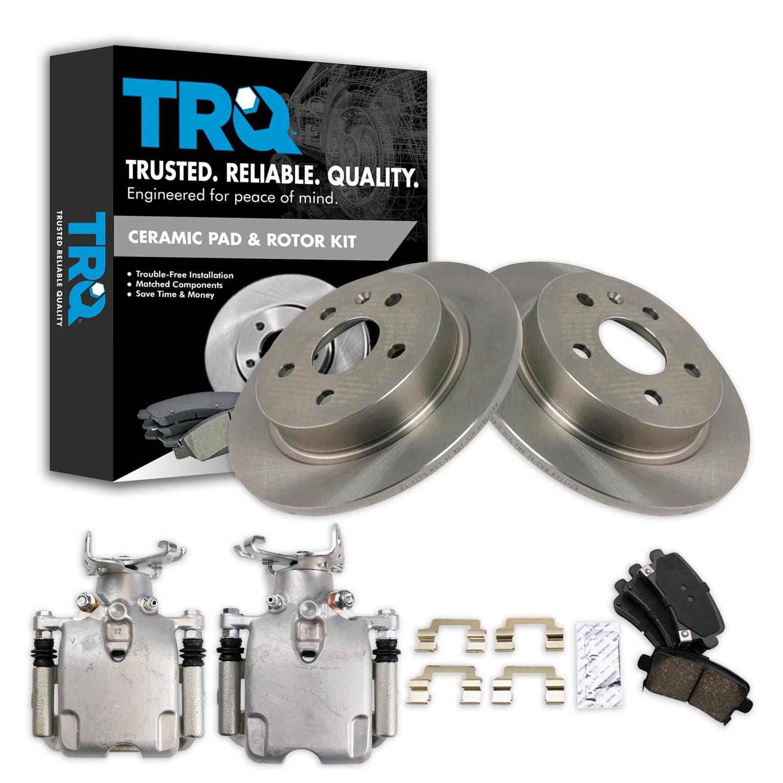 TRQ Rear Brake Pad and Rotor Set Ceramic Solid Rotors Calipers
