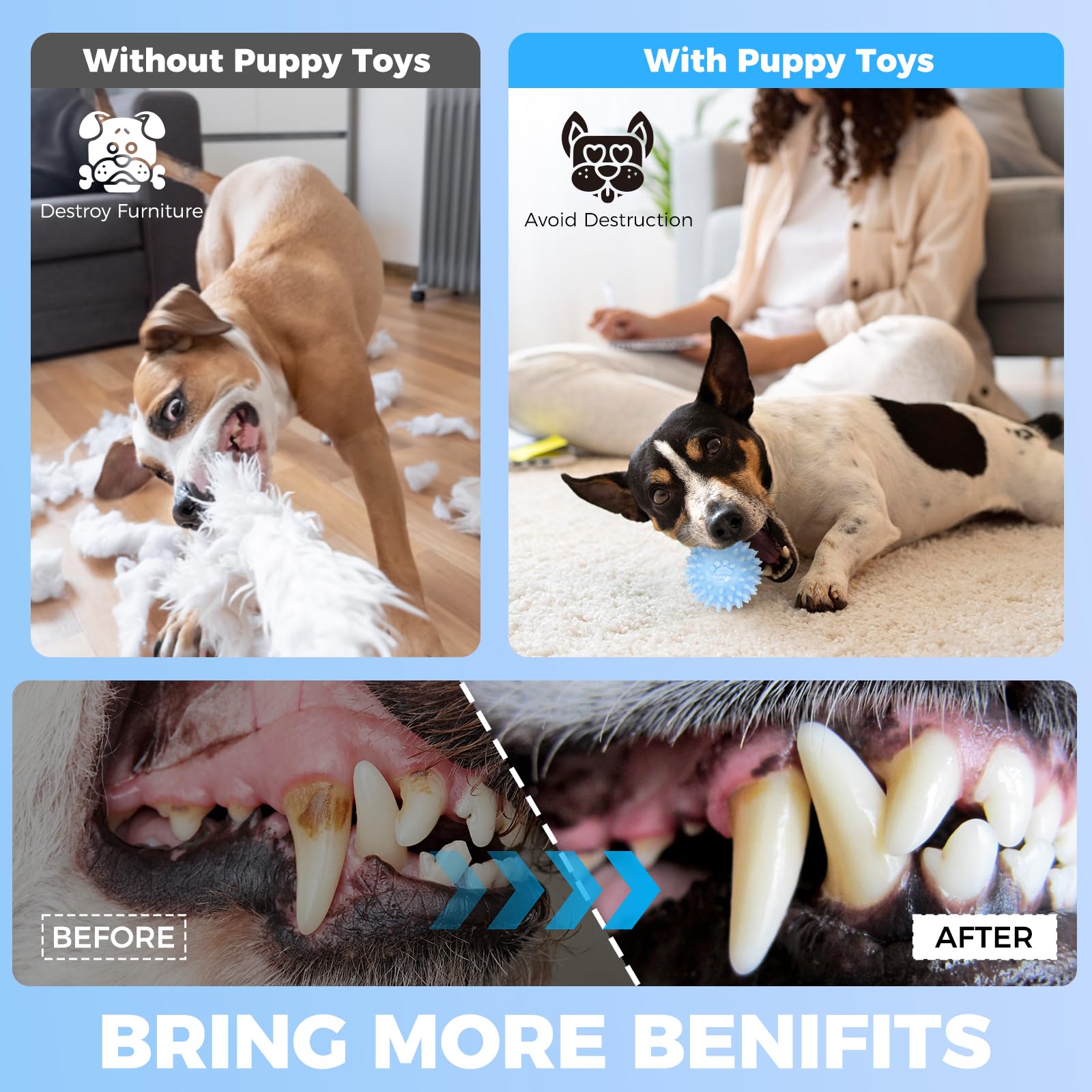 Juguetes para cachorros, paquete de 9 juguetes masticables para cachorros, lindos juguetes azules para perros pequeños, juguetes de dentición para cachorros, juguete interactivo suave y duradero
