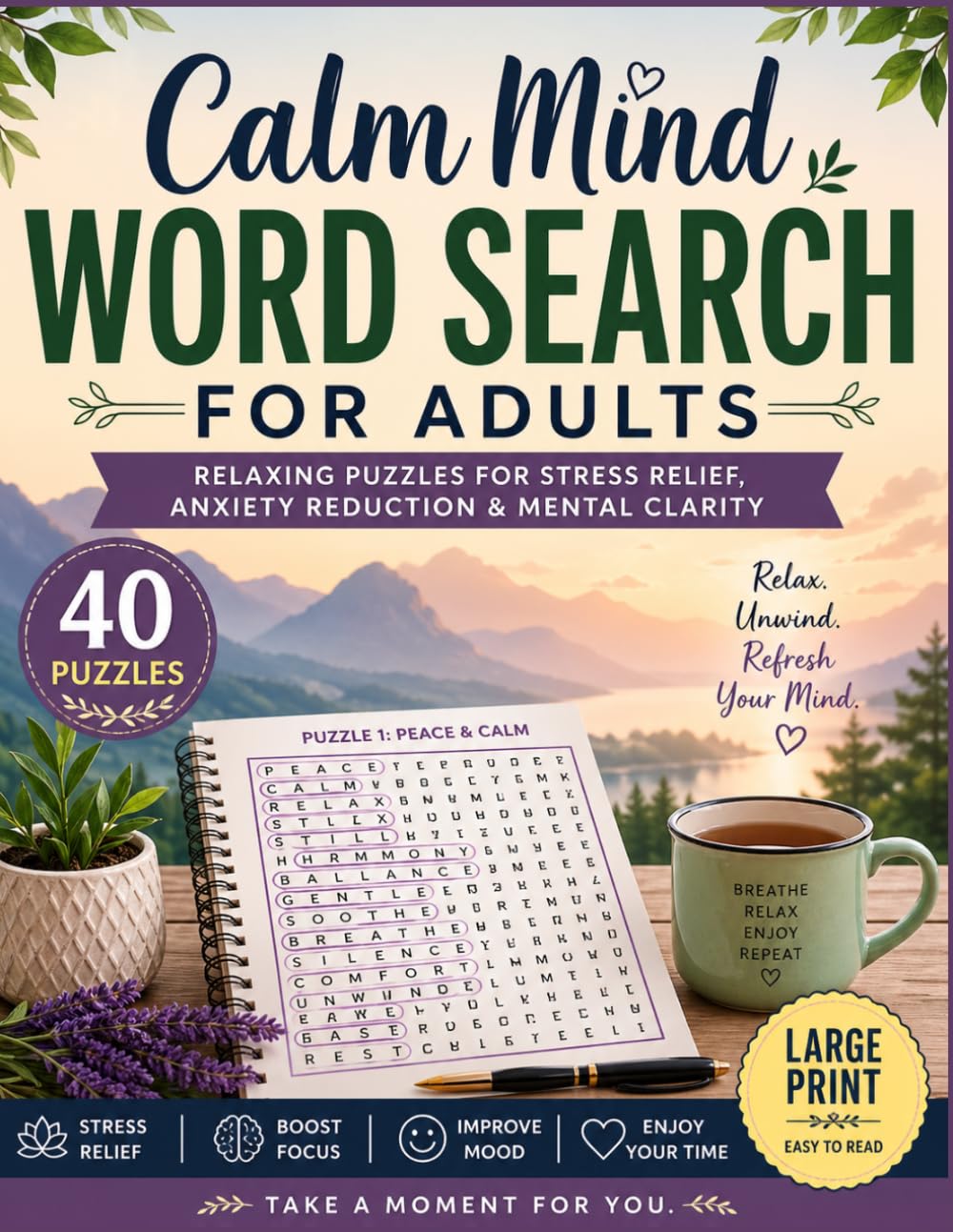 Calm Mind Word Search for Adults: Relaxing Puzzles for Stress Relief, Anxiety Reduction & Mental Clarity (40 Puzzles, Large Print)