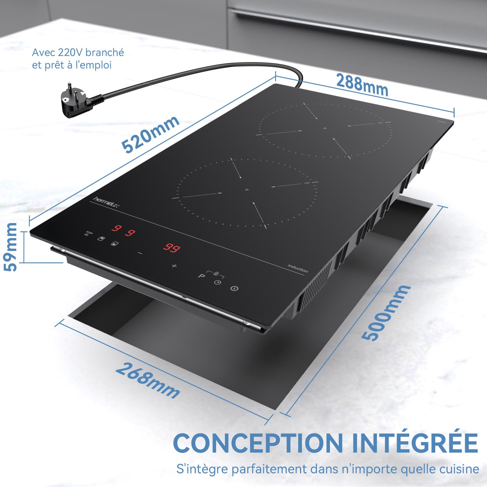 Hermitlux Plaque Induction 2 Feux 30cm Encastrable 3500W Boost 9 Niveaux Minuterie Arrêt Auto Verrou Enfant