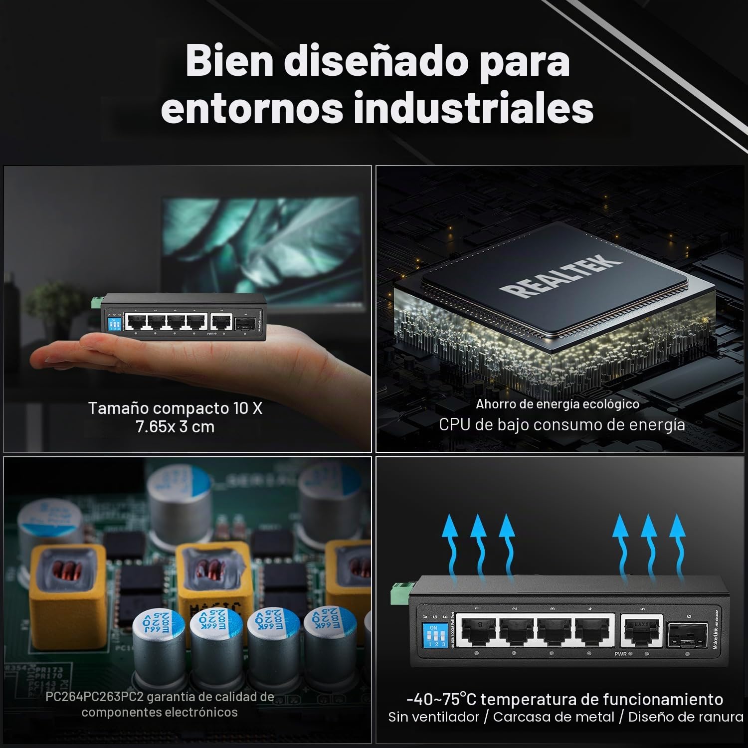 MokerLink Interruptor PoE Gigabit de riel DIN industrial de 6 puertos, 4 puertos PoE de 100/1000Mbps, IEEE802.3af/at PoE+, 1 Gigabit de enlace ascendente, 1 Gigabit SFP, riel DIN de metal y, 6*1G POE
