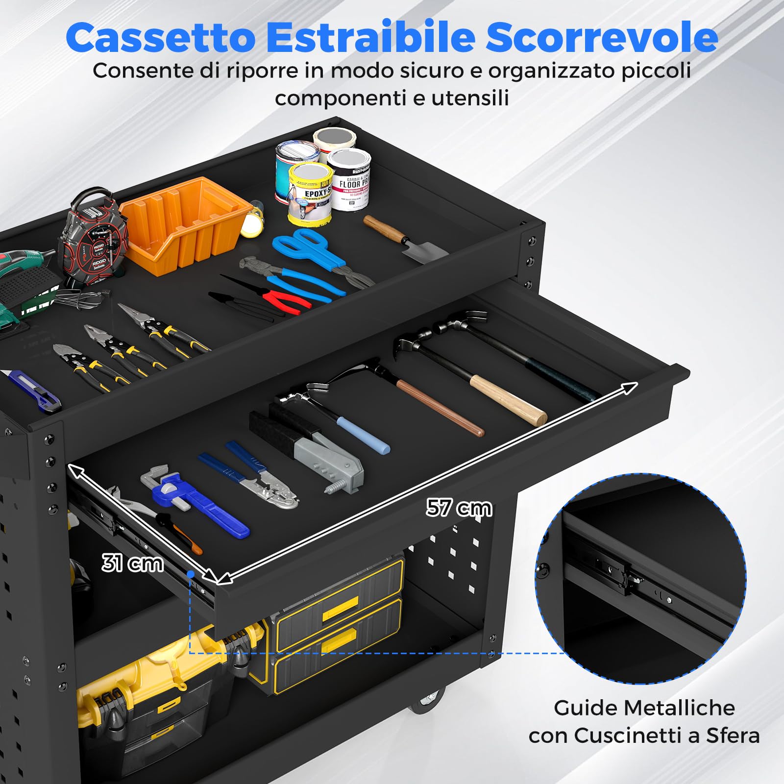 COSTWAY Carrello Portautensili a 3 Ripiani con Ruote, Carrello Attrezzi in Metallo con Cassetto Grande, 2 Pannelli Forati e 8 Ganci, Carrello di Servizio per Garage e Officina, Portata 250 kg