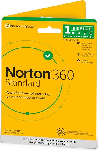 Norton 360 Standard |1 User 1 Year|Total Security for PC, Mac, Android or iOS|Additionally Includes Password Manager,PC Cloud Back Up,SafeCam for…