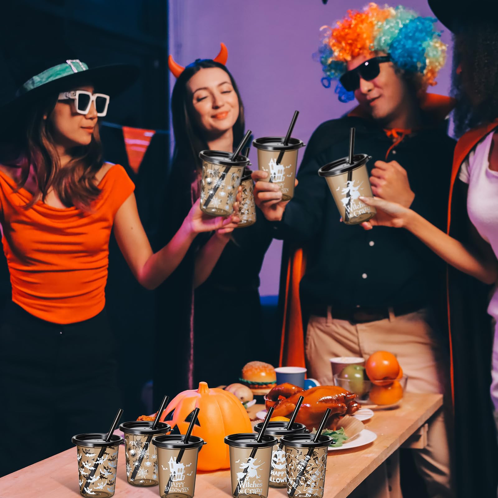 Nuanchu Halloween-Becher für Kinder, Kunststoffbecher mit Deckel und Strohhalmen, 284 ml, wiederverwendbare Kleinkindbecher für Halloween-Party, Geschenkzubehör (24 Stück, dunkel)