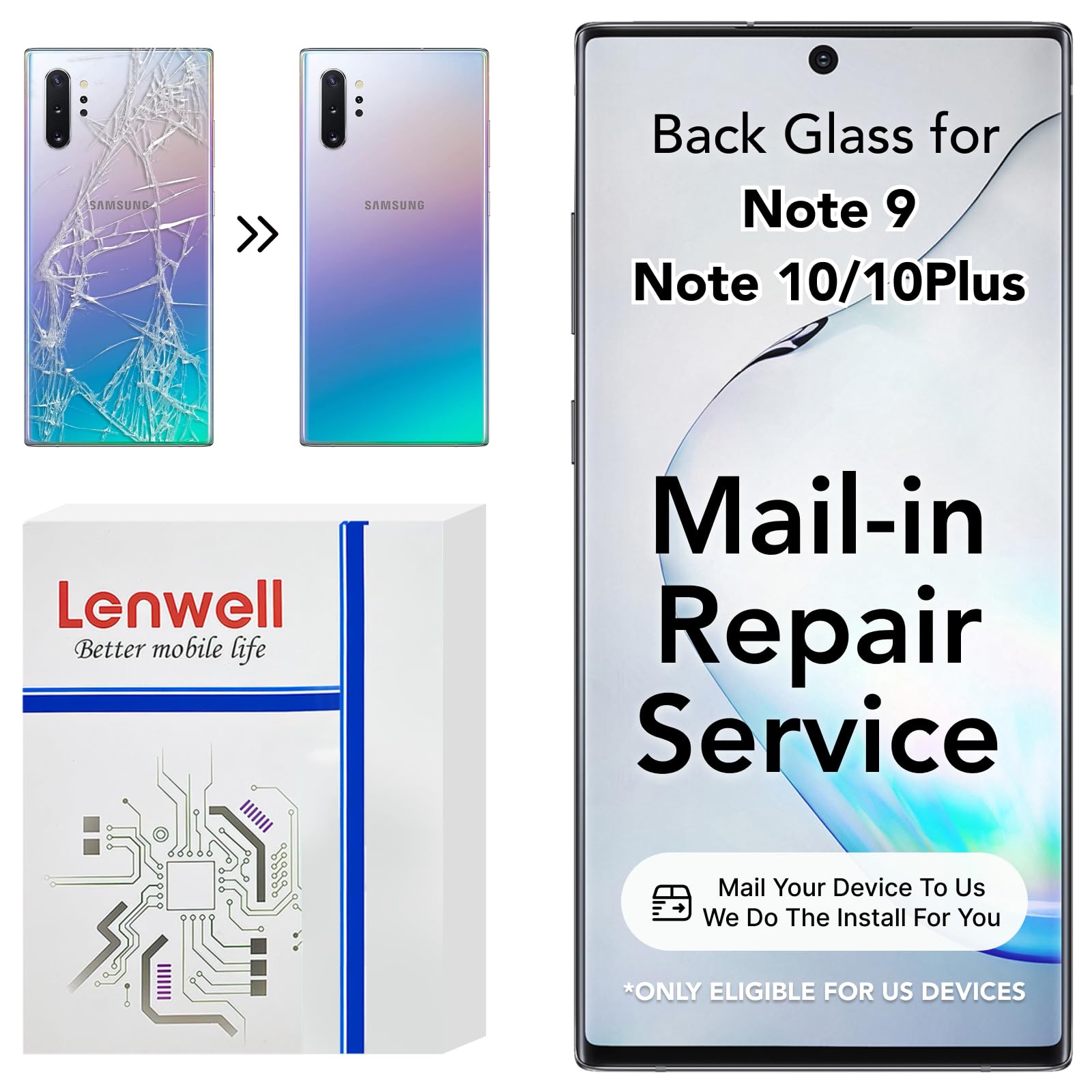 Mail-in Repair Service with Rear Back Glass Replacement for Samsung Galaxy Note 9 / Note10 / 10 Plus Cover Back Glass, Pro-Repair Service (not Parts)