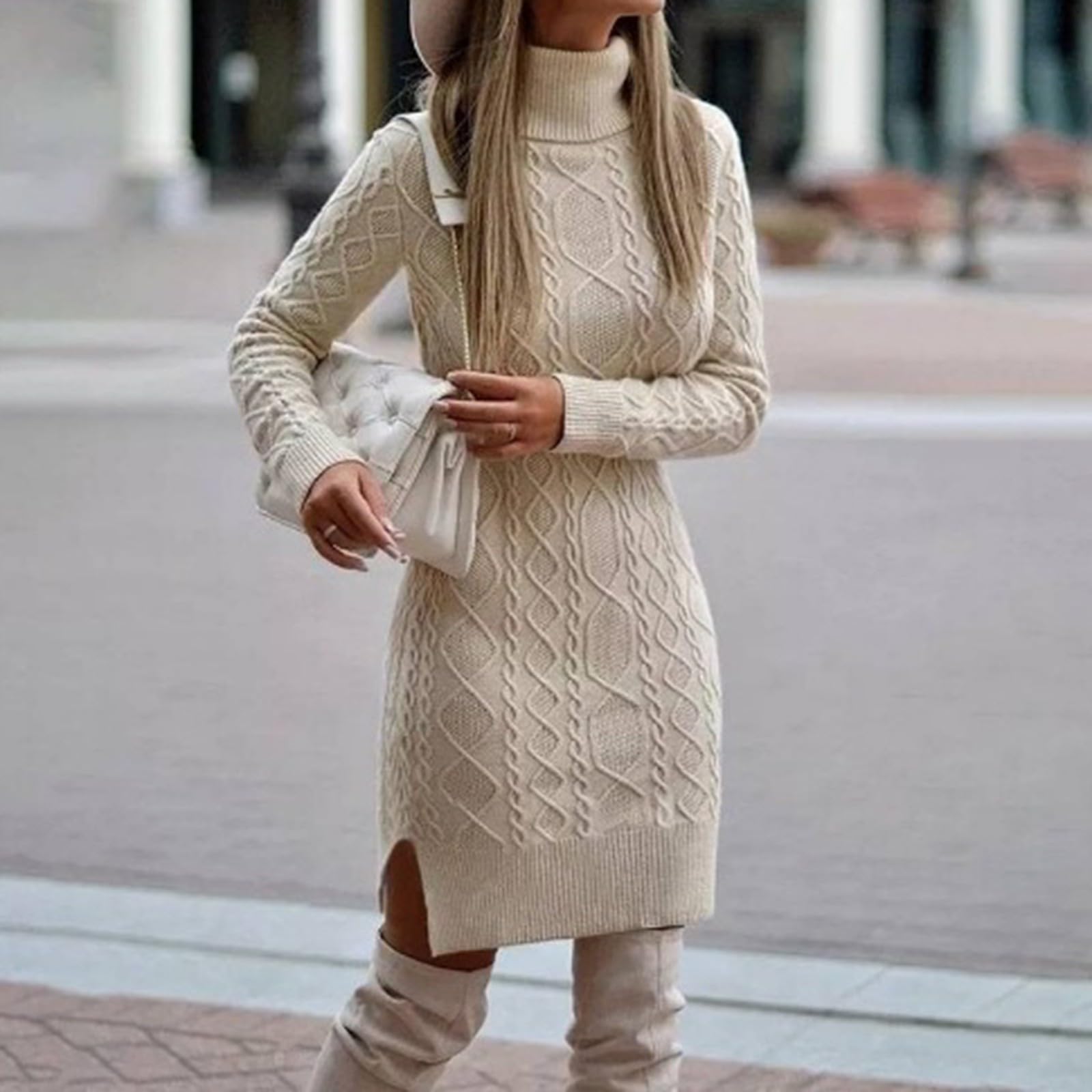 FUPODD Winterkleid Damen Elegant Strickkleid Damen Winter Rollkragen Pulloverkleid Kurz Curvy Pullikleid Zopfmuster Kleid Eng Mit Schlitz Herbstkleid Langarm Winterkleider Warm Strick Kleider Frauen