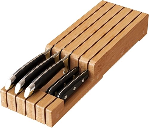 Organizador de cuchillos en el cajón, bloque de cuchillos de bambú, soporte para cuchillos de carne sin cuchillos, capacidad para hasta 5 cuchillos