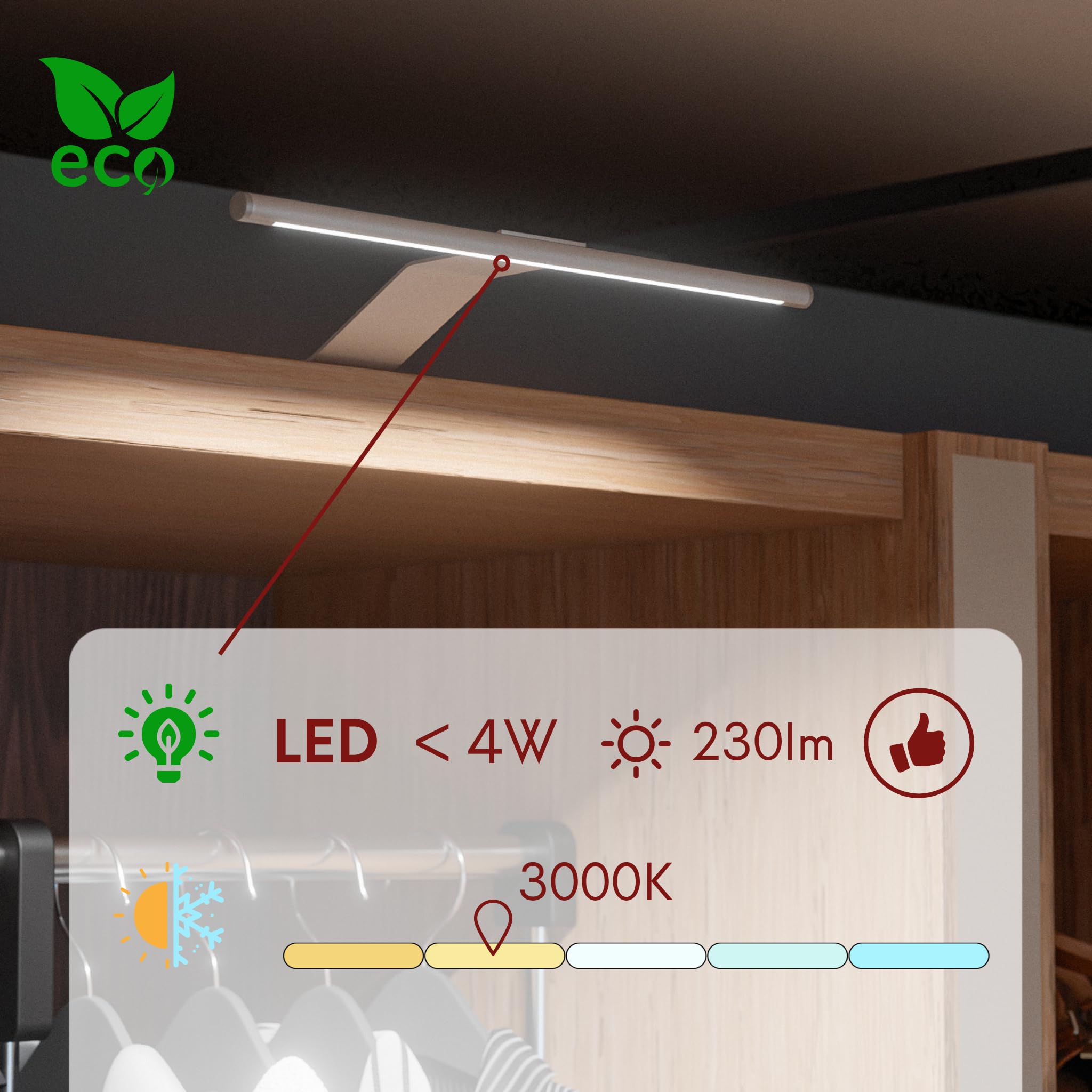 kalb | Lampada LED da superficie, 340 x 170 x 40 mm, lampada per armadi con modulo LED, 12 VDC, 4 W, 230 lm per lampada, con interruttore e alimentatore, grigio argento, per armadi (grigio argento