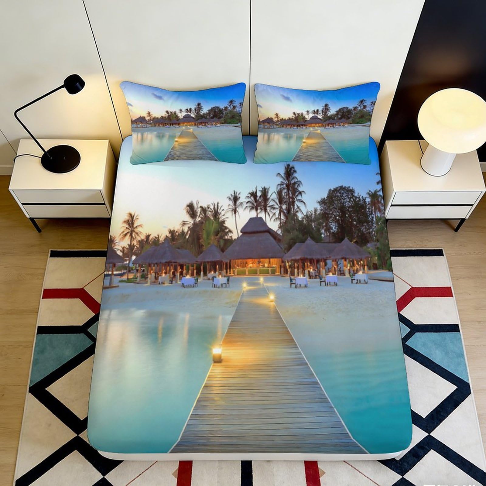3D Printed Island View Fitted Sheet Microfiber Deep Pocket Non-Slip Ocean Scene Mattress Fitted Cover for Bedroom 140x200x25cm