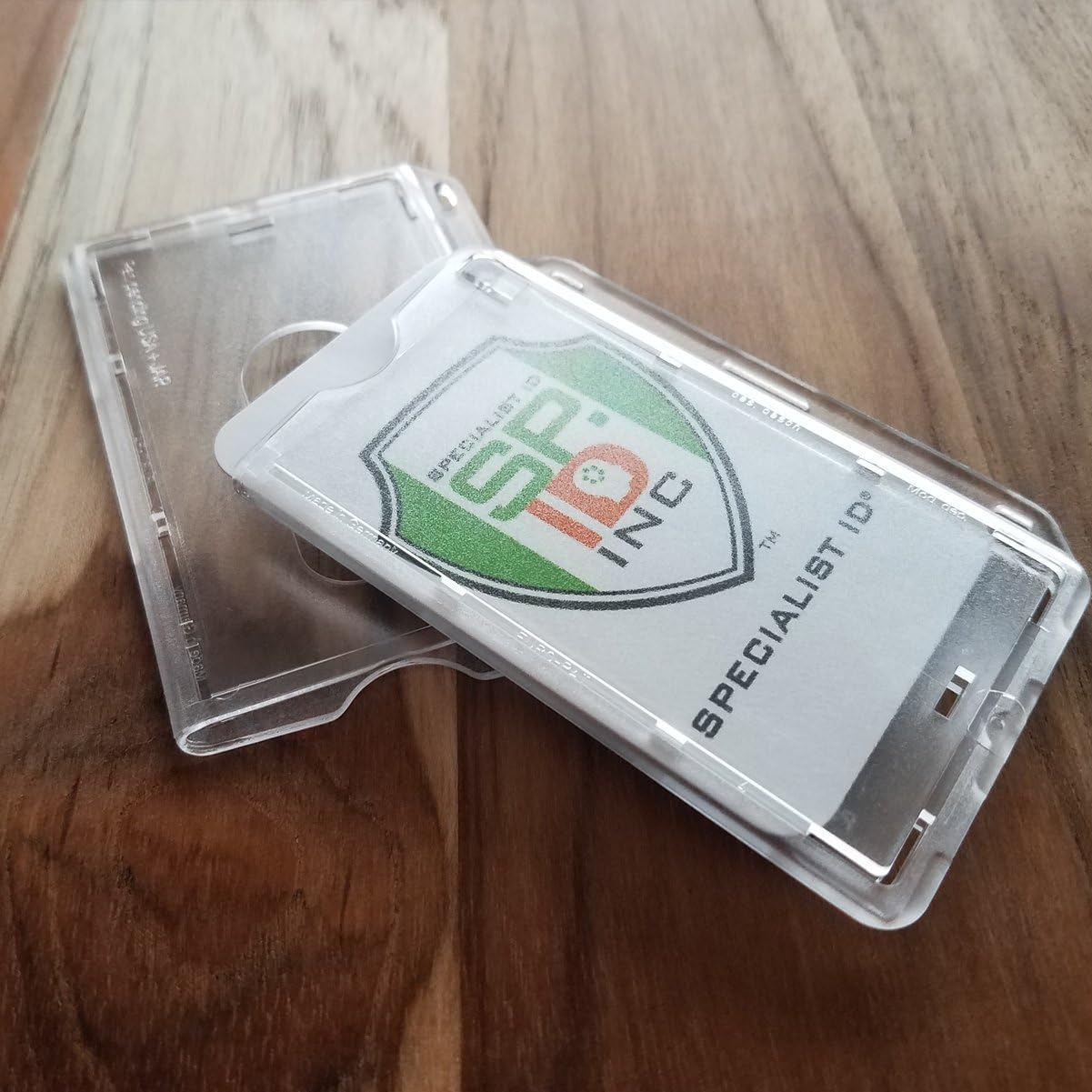 10 Pack - Slim Heavy Duty Horizontal Badge Holders - Hard Plastic (Holds 1 Card) Clear Polycarbonate - Single CR80 30 Mil - UV Protect Rigid Case w Easy Access Thumb Notch Dispenser by Specialist ID