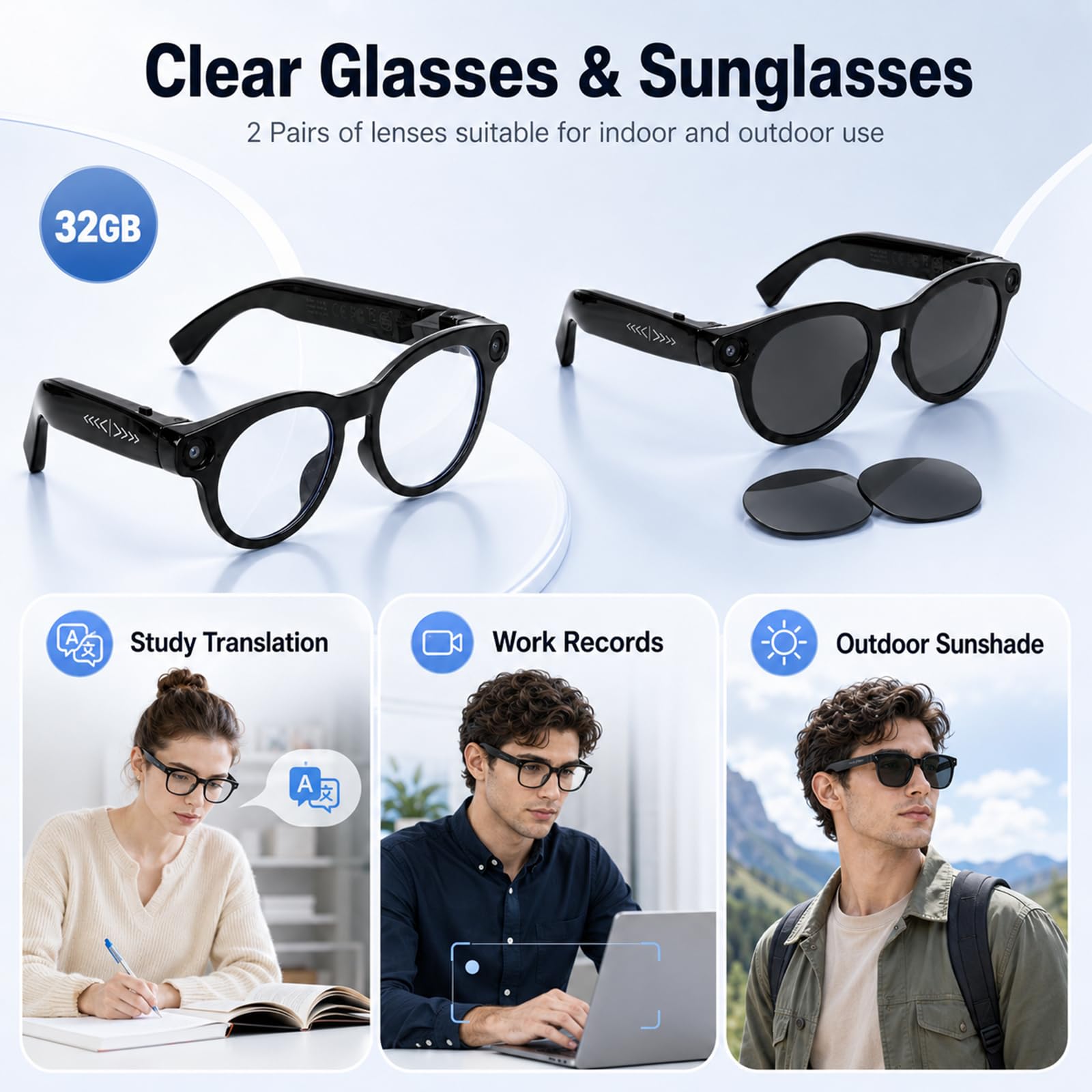 AI Smart Brille mit Kamera 800W HD, 164 Sprachübersetzungsbrille für Herren Damen, 1080P Videoaufnahme, Objekterkennung, Bluetooth, Open-Ear Audio, Sprachassistent (Schwarz2)