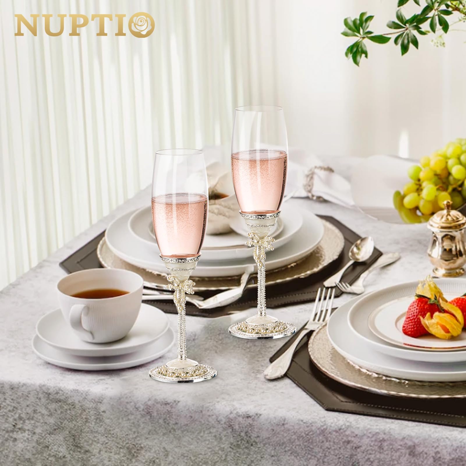 Nuptio Bicchieri per Flute Champagne Regalo: 2 Pezzi Calici Champagne Smalto Matrimonio Brindisi Vetro Cristallo per Sposa e Sposo Anniversario Fidanzamento Matrimoni Coppia Compleanno Regali Partito