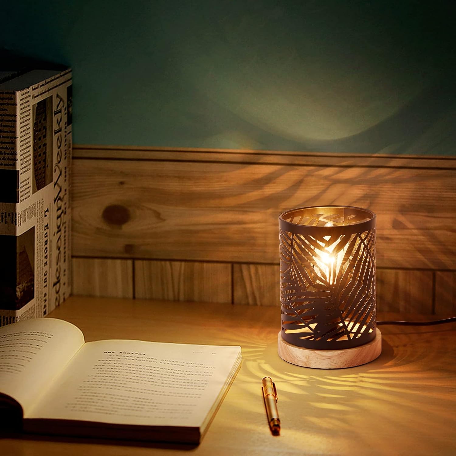Table Lamp, E12 40W Bedside Lamp with Black Metal Hollow-Out Shade and Wooden Base, Table Lighting Decorative for Bedroom, Living Room (Without Bulb)
