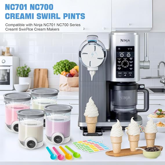 GuanQiao 4 Pack Creami Swirl Pints & Lids for Ninja, Compatible with NC700 Series Ninja Swirl Ice Cream & Soft Serve Makers, with 4 Spoons & 64 Writable Labels, BPA-Free & Dishwasher Safe, Grey Lids
