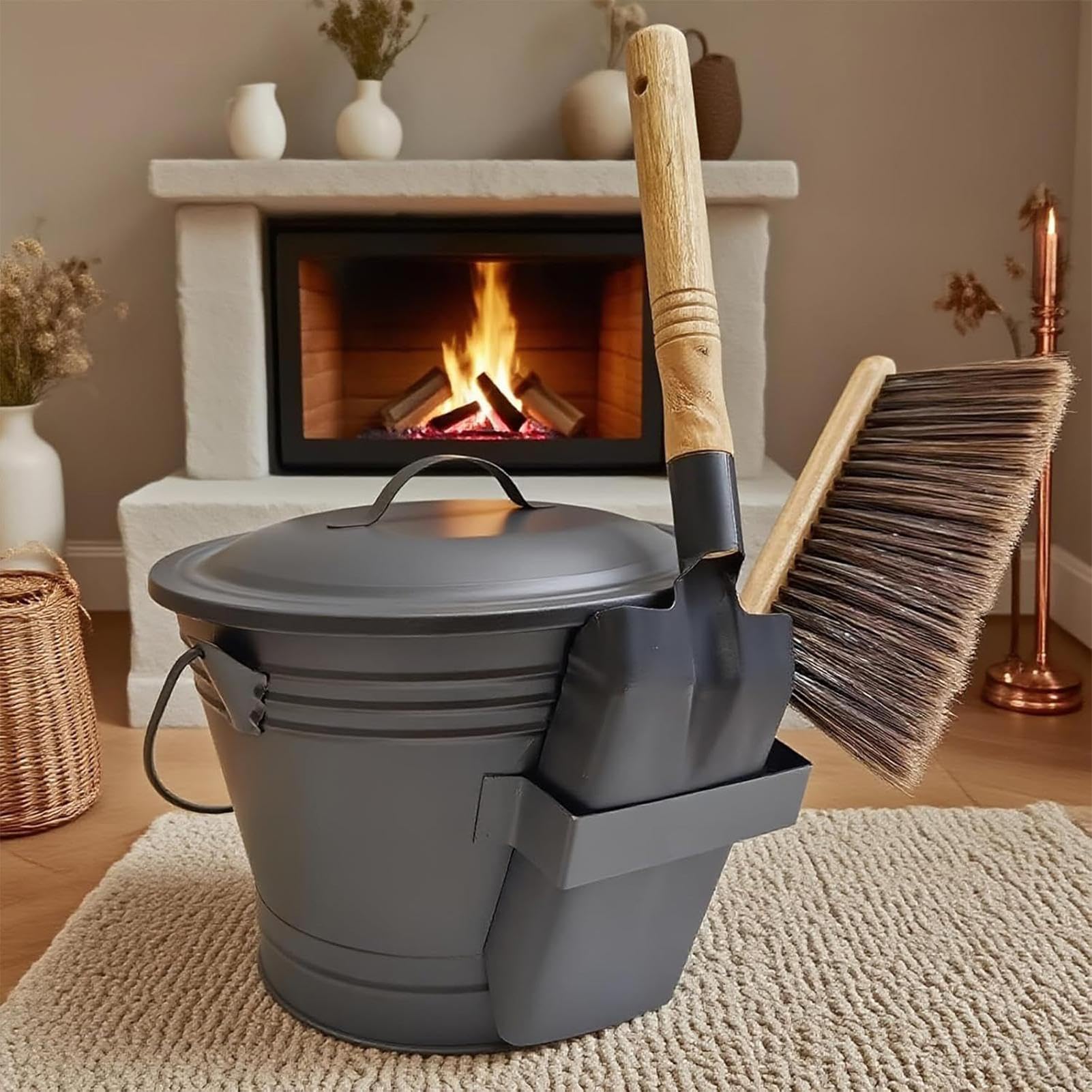 Secchio per la Cenere Di Metallo | Secchio per la Cenere con Coperchio, Pala e Scopa per , per Esterno, per Interno, per Patio, per Giardino, per Stufa a