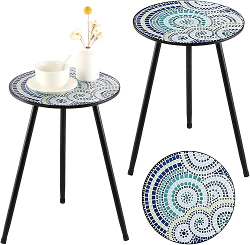 Miniatura 17 de Juego de dos mesas auxiliares de metal para exteriores, mesas auxiliares redondas pequeñas para patio, mesa esquinera de jardín moderna para