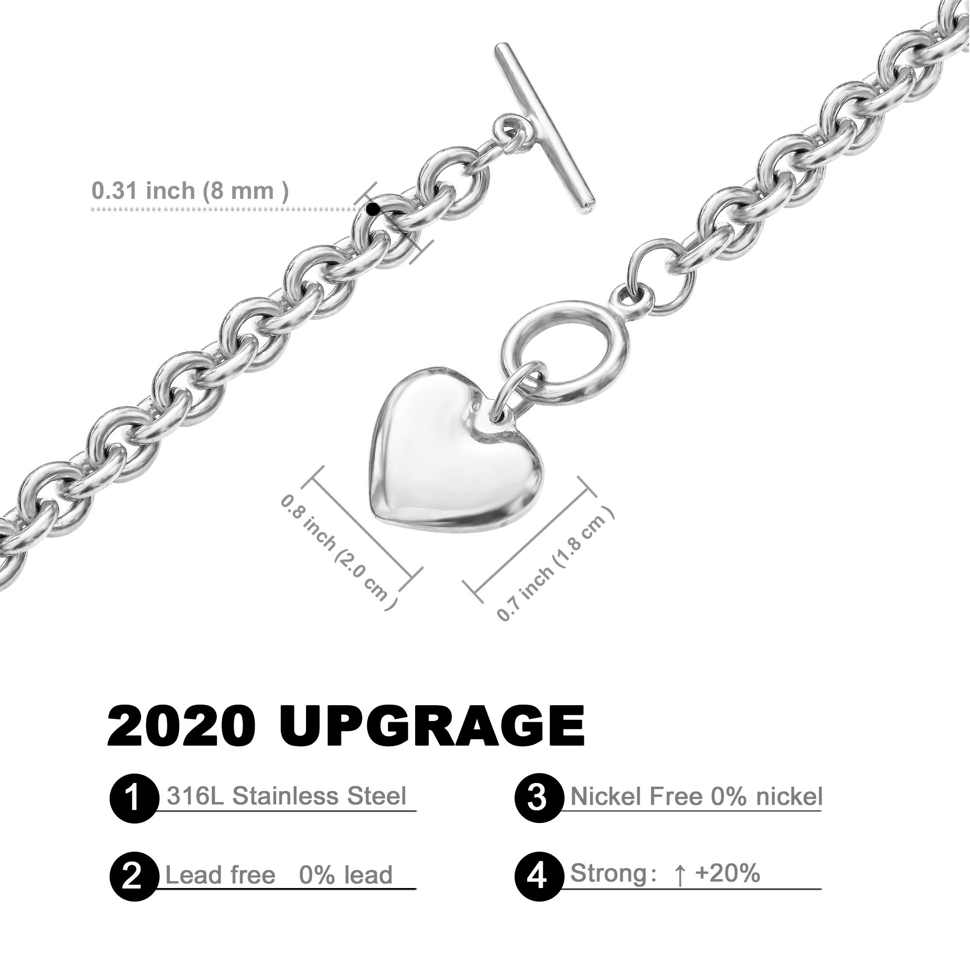 Collar de cadena de corazón + pulsera de corazón para mujeres y niñas, dije de corazones, conjunto de joyas de acero inoxidable de 18 quilates, oro rosa y plata, Acero inoxidable, Nada 4