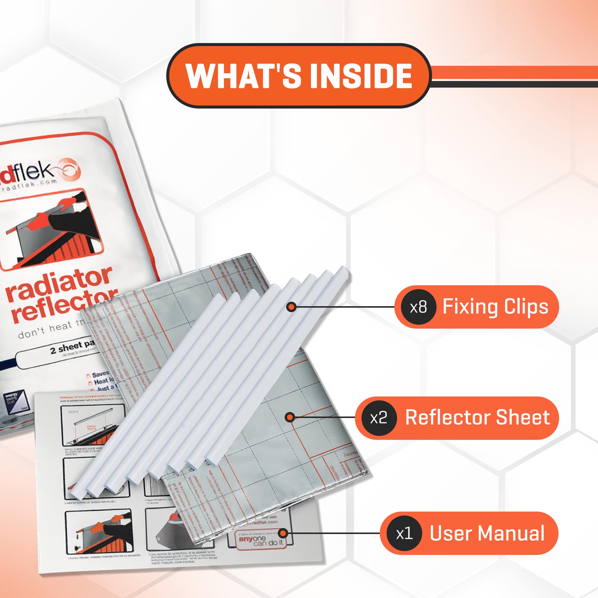 Radflek Paneles reflectores de radiador, hoja de aluminio reflectante de calor, contiene 2 reflectores de radiador Radflek de ahorro de energía, fácil de instalar con manual y clips incluidos, se