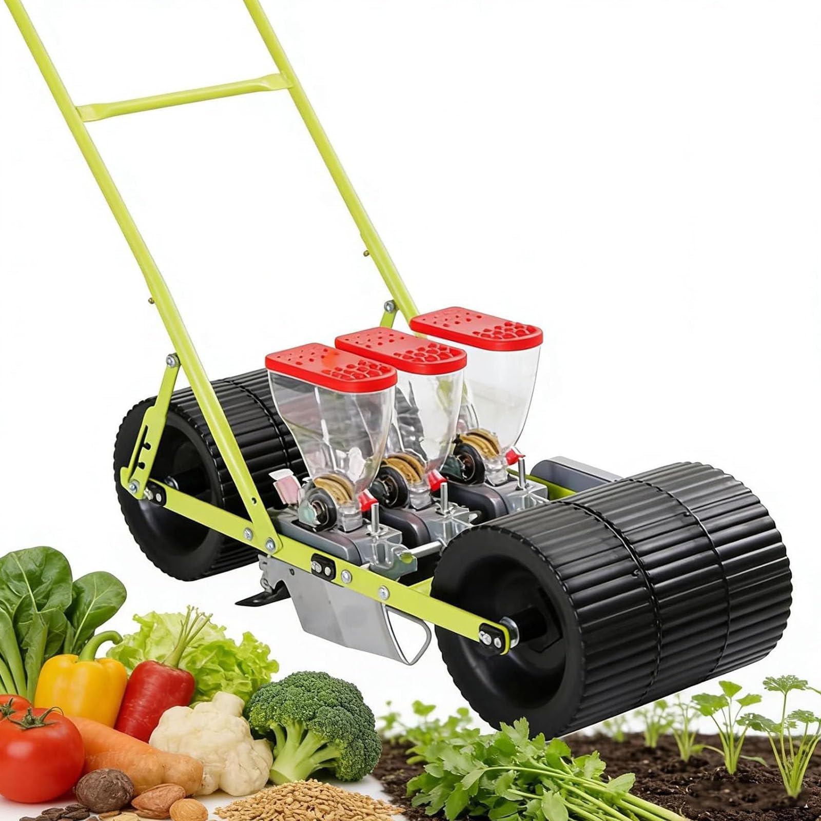 Seminatrice manuale per ortaggi, seminatrice per mais e soia, seminatrice da giardino a spinta, spaziatura tra le piante e tra le file regolabile, per semina di mais, arachidi, grano e fagioli 3row