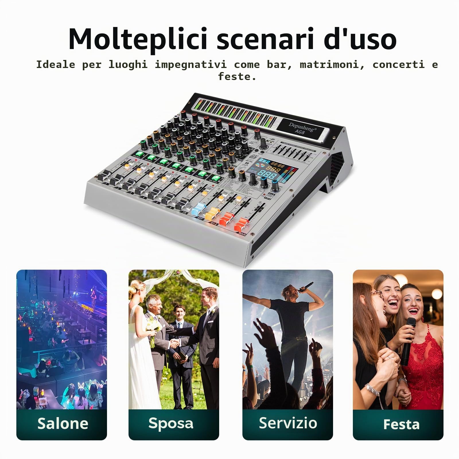 Depusheng AG8 Mixer DJ professionale 8 canali 99 DSP Mixer audio eco con MP3 USB Bluetooth 48V Alimentazione Phantom Raggruppamento e 2 interfacce AUX per la registrazione DJ Stage Karaoke Music Party